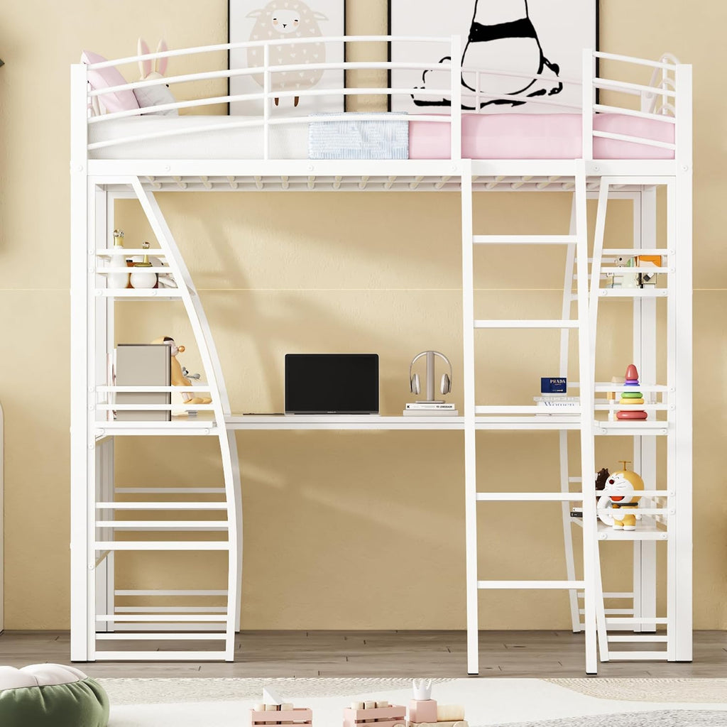 Metal Twin Size Loft Bed with 4 Layers of Shelves and L-Shaped Desk,a Set of Sockets, USB Ports and Wireless Charging,for Kids Teens Adults Bedroom (Twin, White@Charging)