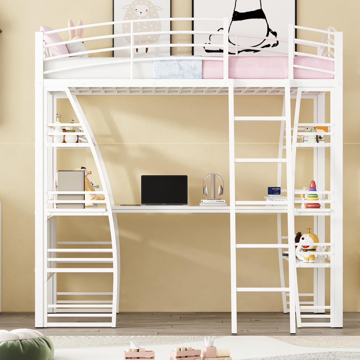 Metal Twin Size Loft Bed with 4 Layers of Shelves and L-Shaped Desk,a Set of Sockets, USB Ports and Wireless Charging,for Kids Teens Adults Bedroom (Twin, White@Charging)