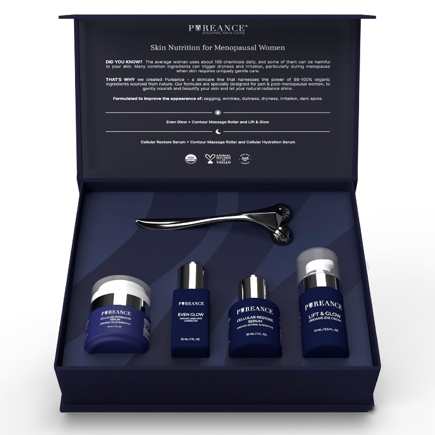 Pureance Mature Glow Gift Box - Mothers Day Gifts Skin Care Set for Women - Bakuchiol Plumping Serum, Dark Spot Corrector, Under Eye Cream, Hydrating Serum, Derma Roller Facial Skincare Routine
