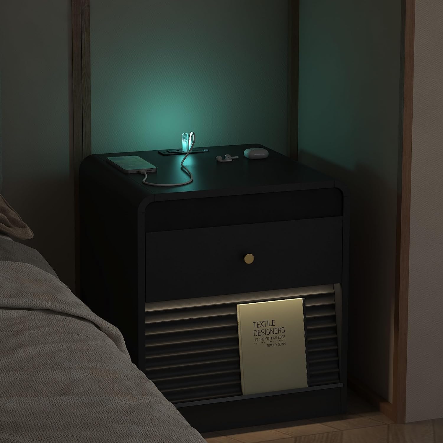 Smart Nightstand with Charging Station – Bedside Table with Voice-Controlled LED Night Light, 1 AC Outlet + 2 USB Ports, Ample Storage Cabinet for Bedroom(Black)