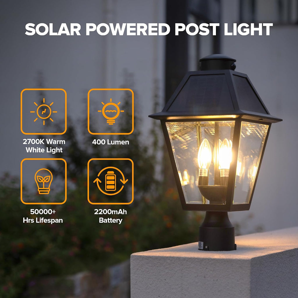 LUTEC Outdoor Solar Lamp Post Light with Motion Sensor, 400 Lumen Dusk to Dawn Waterproof Pole Light Head with Three Modes, Exterior Black Solar Powered Fence Post Light Fixtures for Outside