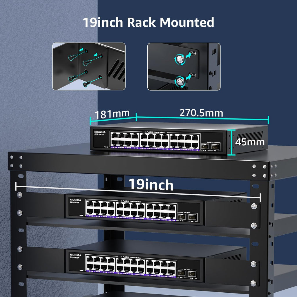 24 Port 2.5Gb + 2 Port 10Gb SFP+ Ethernet Switch, NICGIGA 26 Port 2.5G Network Switch Unmanaged, Plug & Play, Desktop or 19-inch Rack Mount, Fanless Metal Design.