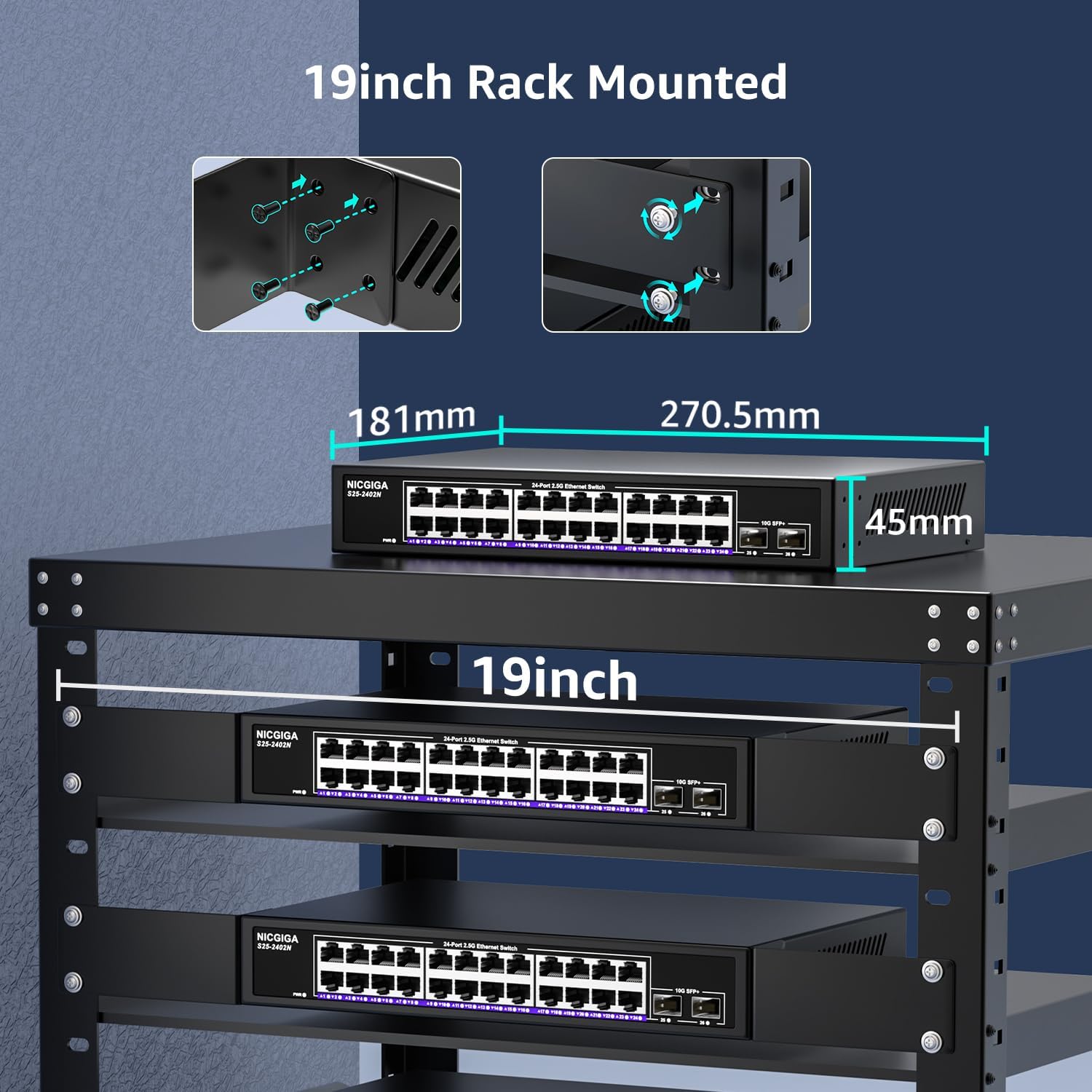 24 Port 2.5Gb + 2 Port 10Gb SFP+ Ethernet Switch, NICGIGA 26 Port 2.5G Network Switch Unmanaged, Plug & Play, Desktop or 19-inch Rack Mount, Fanless Metal Design.