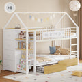 Twin Bunk Bed for Kids with 6 Storage Drawers, Montessori Bookshelf, House Shaped Bed with Globe String Lights and USB Ports, Metal Low Bunk Bed Twin Over Twin with Safety Guardrail and Ladder, White