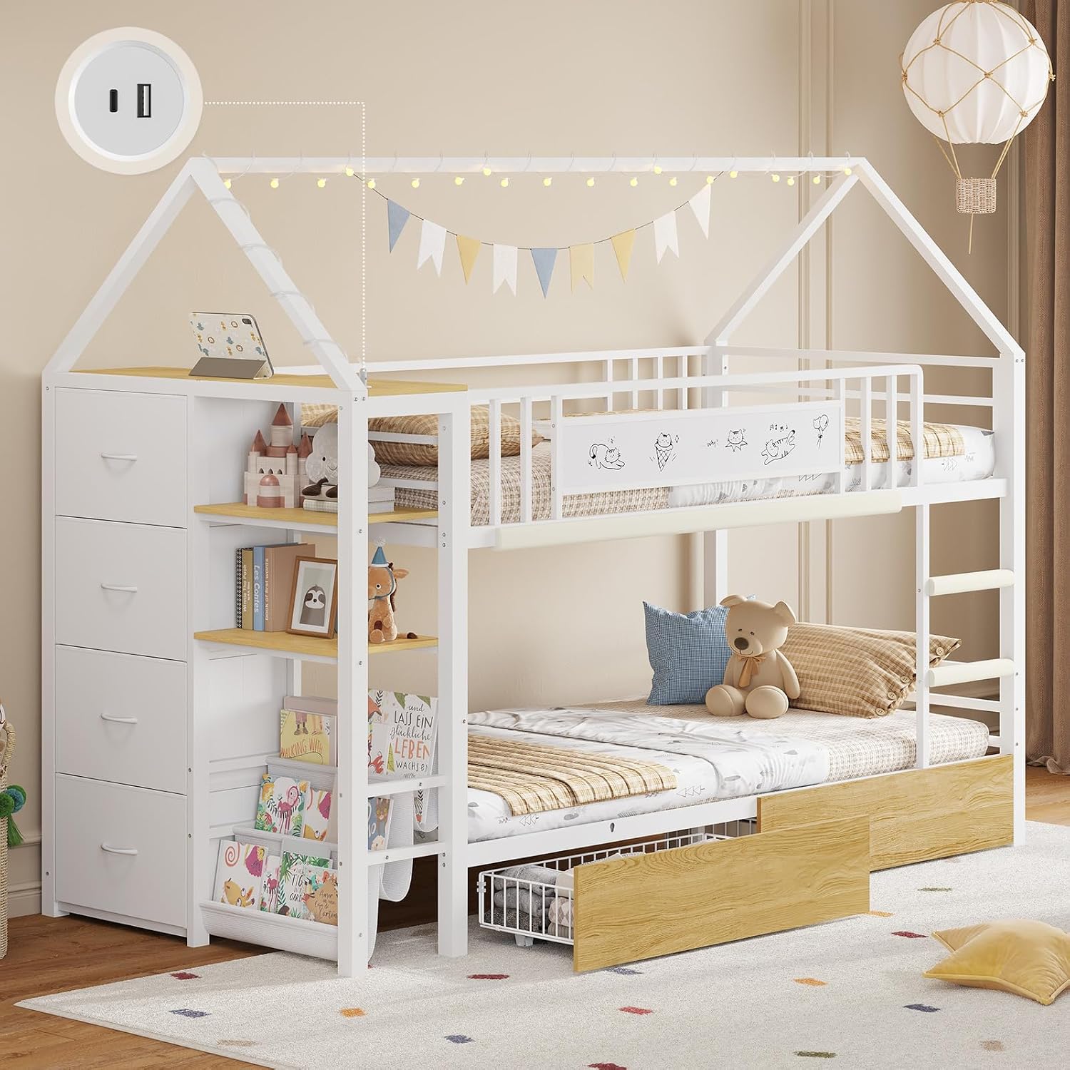 Twin Bunk Bed for Kids with 6 Storage Drawers, Montessori Bookshelf, House Shaped Bed with Globe String Lights and USB Ports, Metal Low Bunk Bed Twin Over Twin with Safety Guardrail and Ladder, White