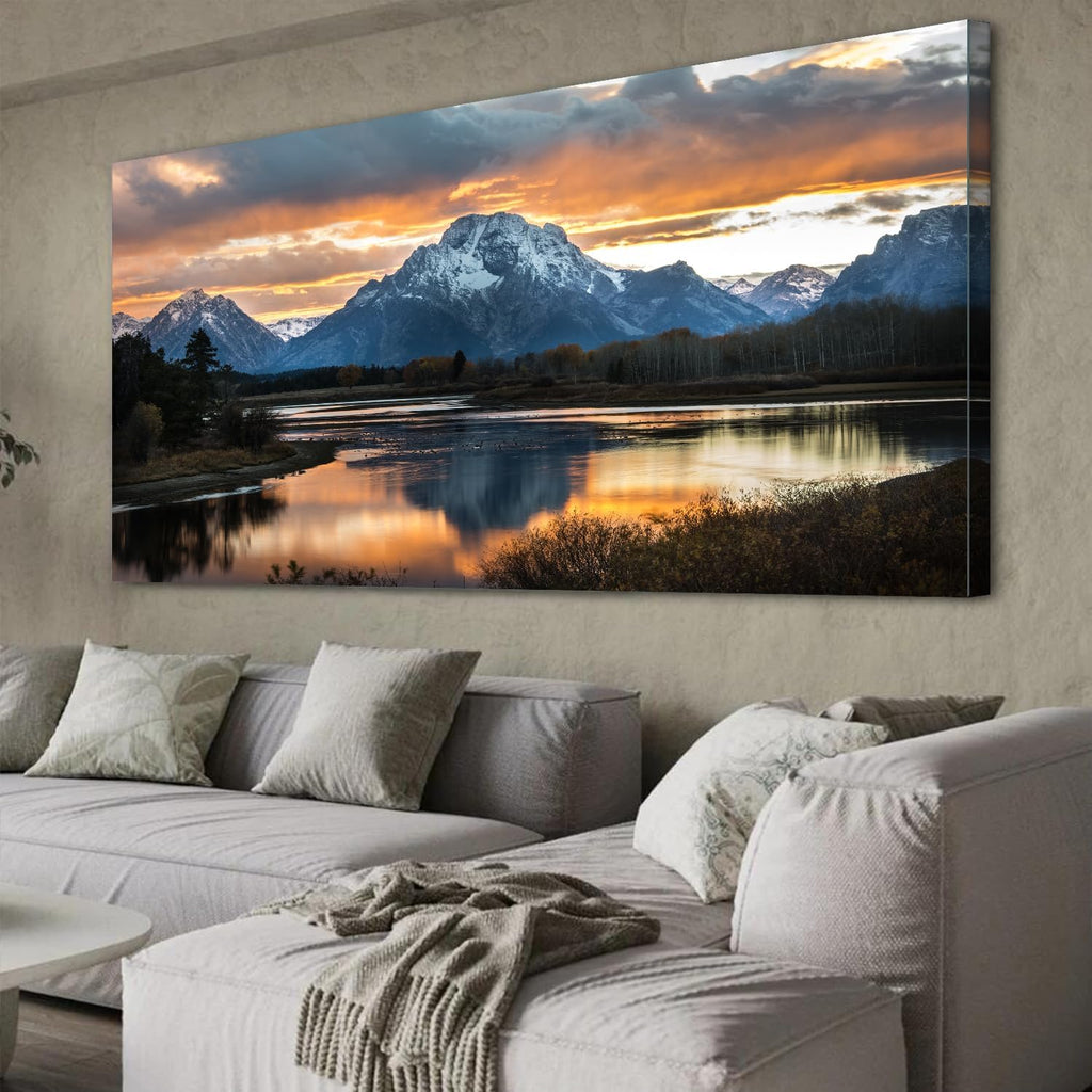Extra Large Mountain Wall Art for Living Room Sunset Nature Grand Teton Wall Decor National Park Posters Wyoming Snake River Landscape Canvas Prints Artwork for Bedroom Office Home Decoration 35x70'