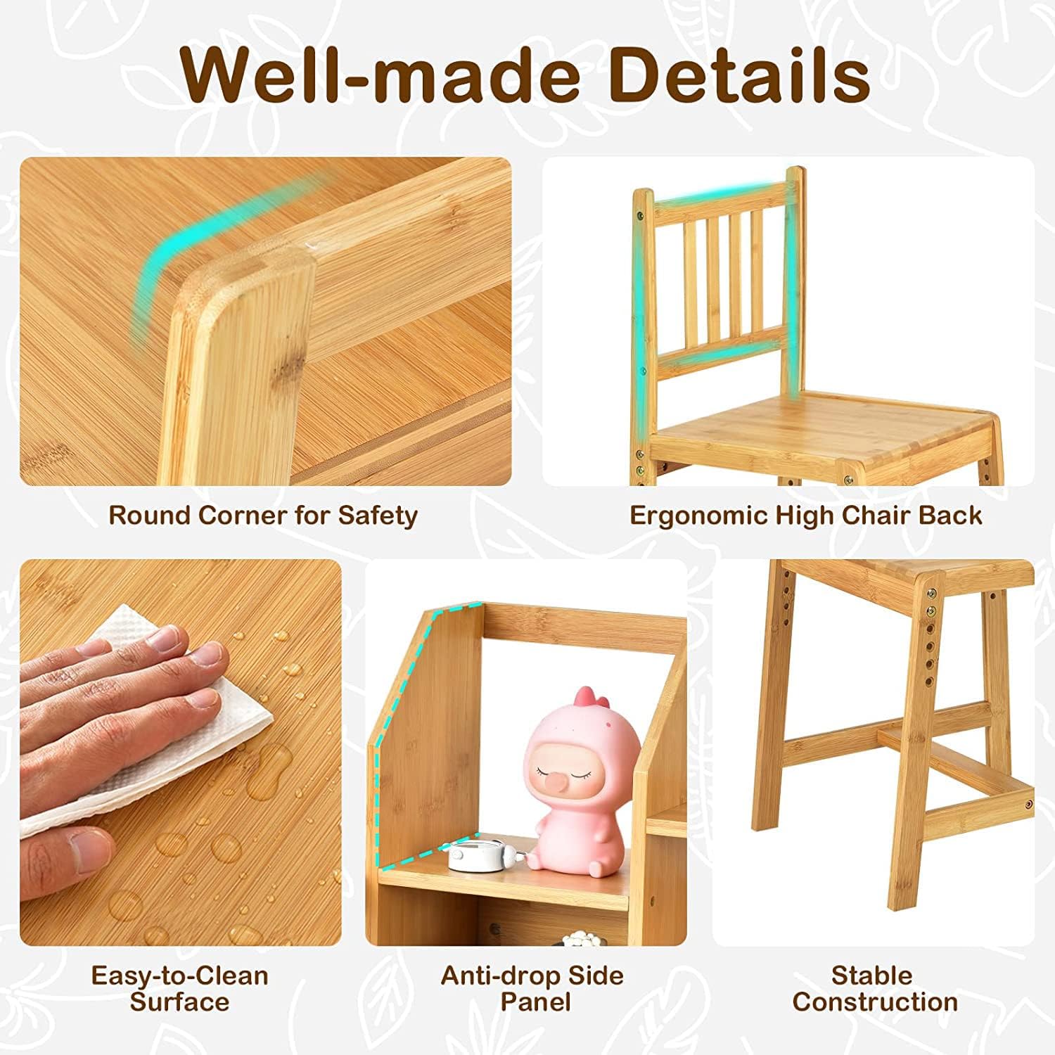 UNICOO Kids Desk and Chair Set, Height Adjustable Bamboo Study Desk with Storage Hutch and Bookshelf, Wooden Writing Table for Toddlers and Kids, Easy-Clean Surface, Natural (02)