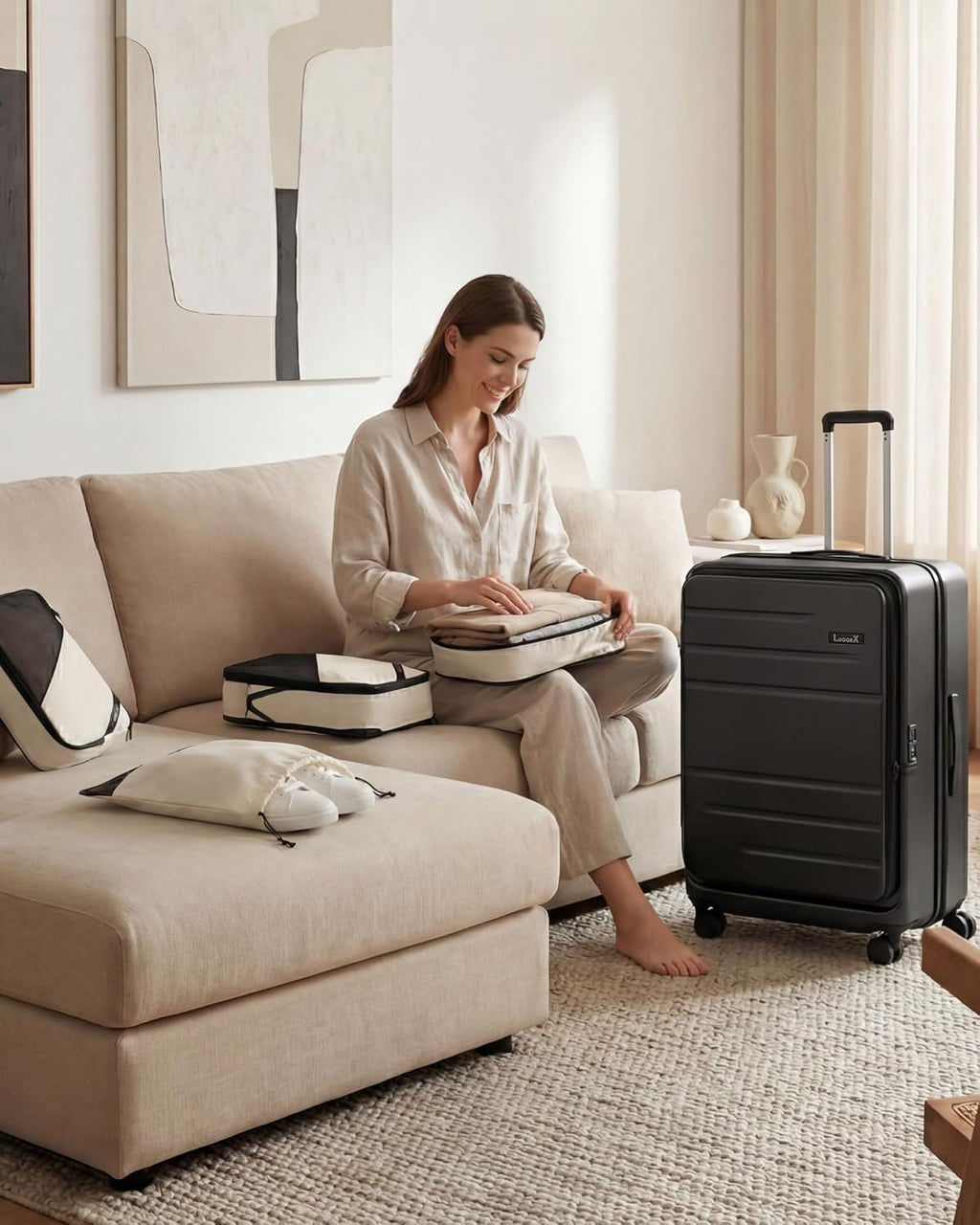 LUGGEX Checked Suitcase with Spinner Wheels and Travel Packing Cubes Bundle,FLO5 Top Opening Expandable Polycarbonate Hard Shell Suitcase (FX-Core, Black, 28 Inch)