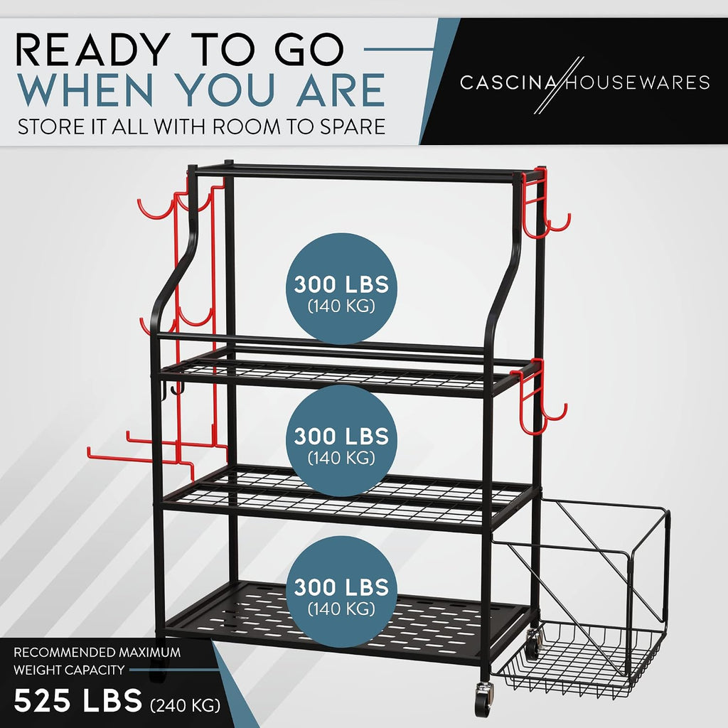 Cascina Home Gym Storage Rack - Weight Rack for Dumbbells, Kettlebells, Foam Roller, Resistance Bands and Yoga Mat Storage Holder - Exercise Workout Equipment Storage Organizer with Hooks and Wheels
