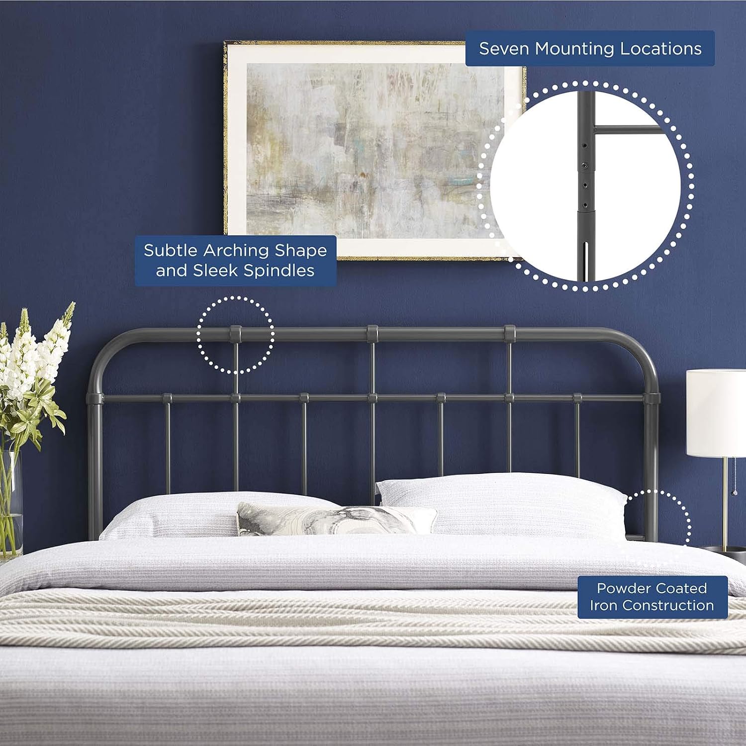 Modway Alessia Modern Farmhouse Metal Headboard, King, Gray
