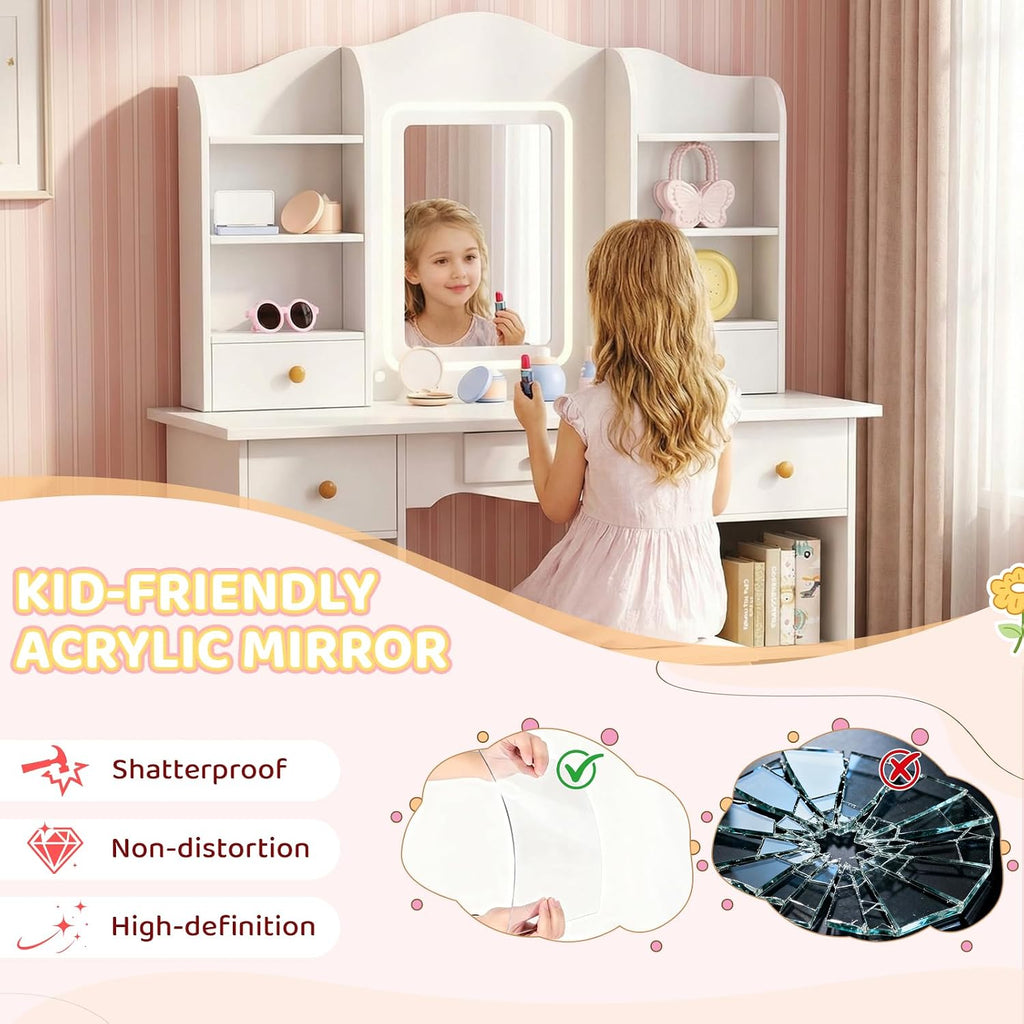 Arlopu Kids Vanity with 3-Color Lights, Girls Vanity Set w/Large Storage, Mirror ＆ Stool, 2 in 1 Princess Wooden Pretend Play Makeup Desk, Dressing Table and Chair, Open Shelves, Drawer (White)