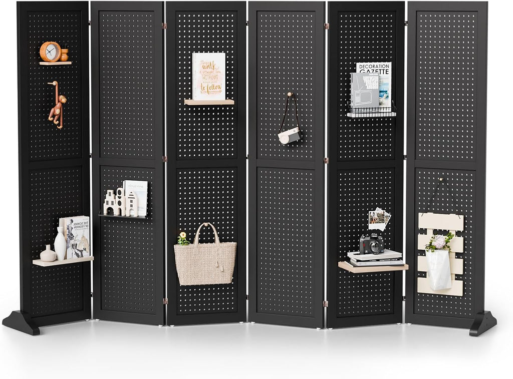 Bonnlo 4/6 Panel Pegboard Freestanding, 5 FT Portable Display Board Organizer for Craft Show Jewelry, Wooden Folding Privacy Screen Room Divider (Black, 6 Panel with Base)