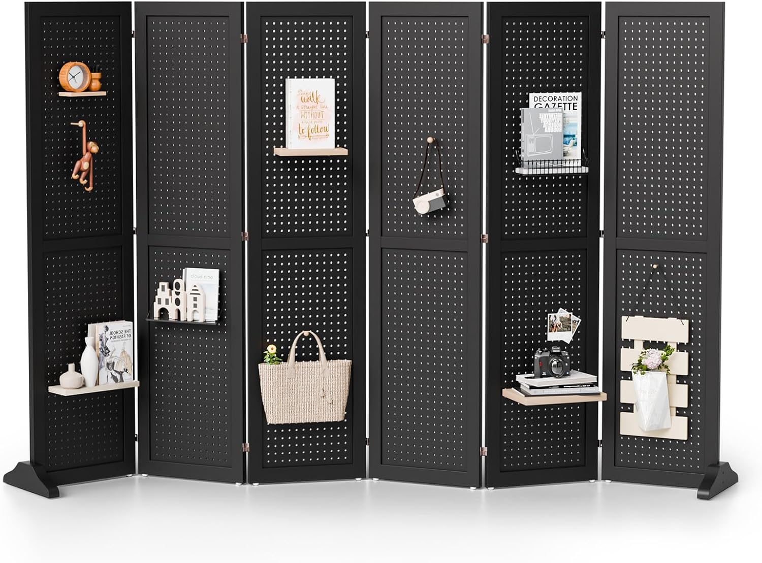 Bonnlo 4/6 Panel Pegboard Freestanding, 5 FT Portable Display Board Organizer for Craft Show Jewelry, Wooden Folding Privacy Screen Room Divider (Black, 6 Panel with Base)