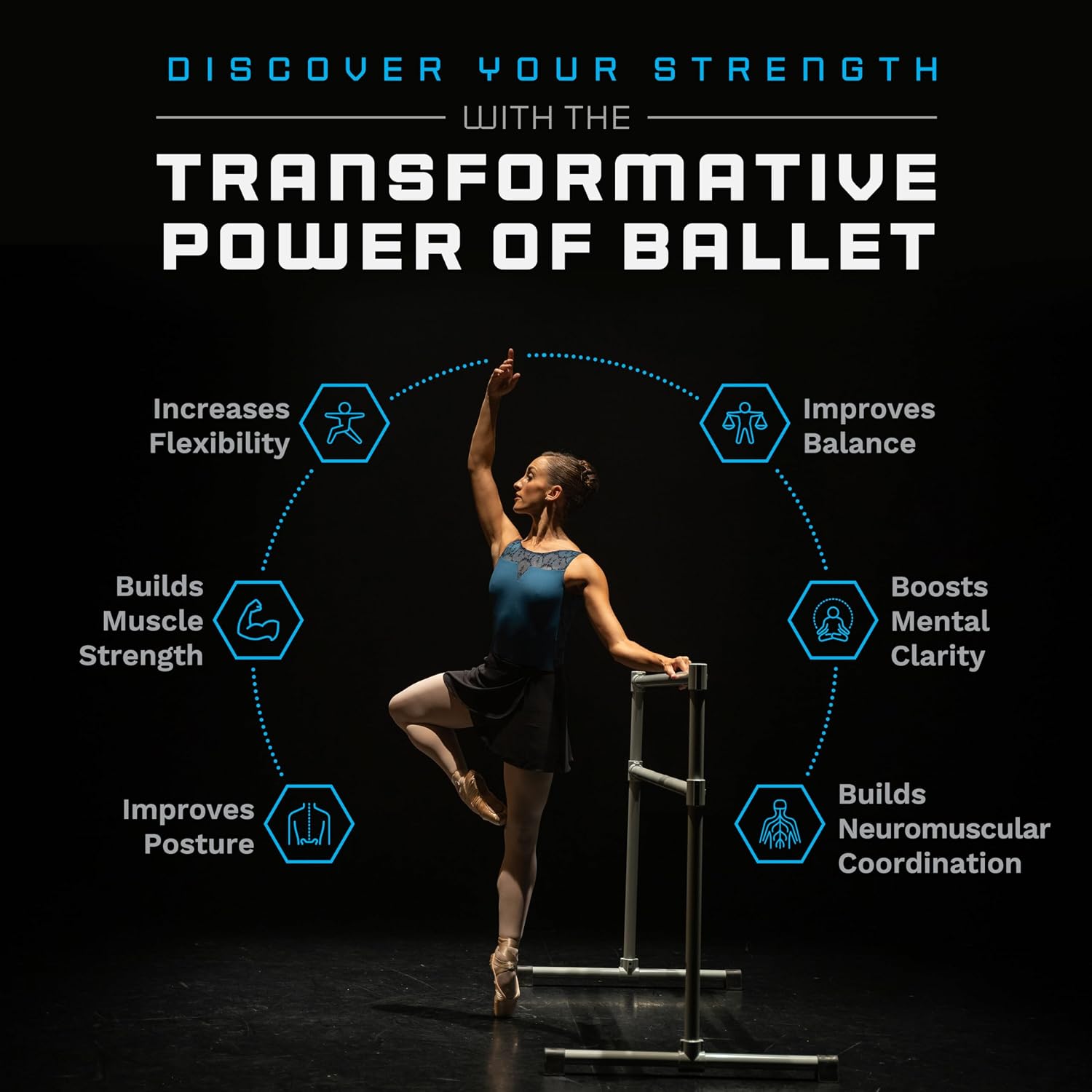 VITA Barre Portable Freestanding Double Ballet Barre, Prodigy, Aluminum | Adjustable Height, USA Made, Home or Gym Exercise Equipment for Kids & Adults | Dance, Fitness, Pilates