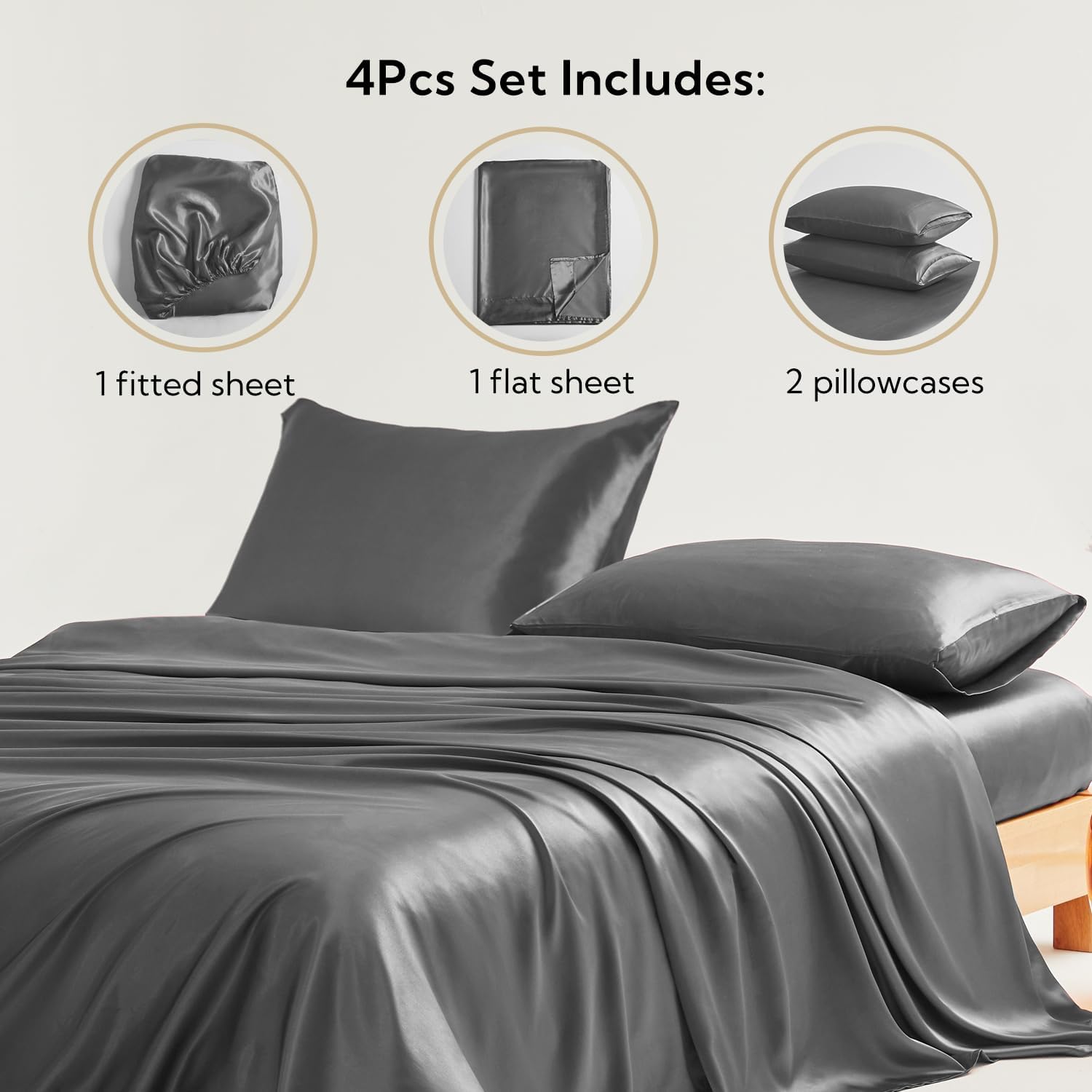 Twin XL Size 4-Piece Sheet Set Premium Mulberry Silk Bed Sheets Set Fits 14-16' Deep Pocket - Luxurious Soft Silk (Solid, Elephant Grey)