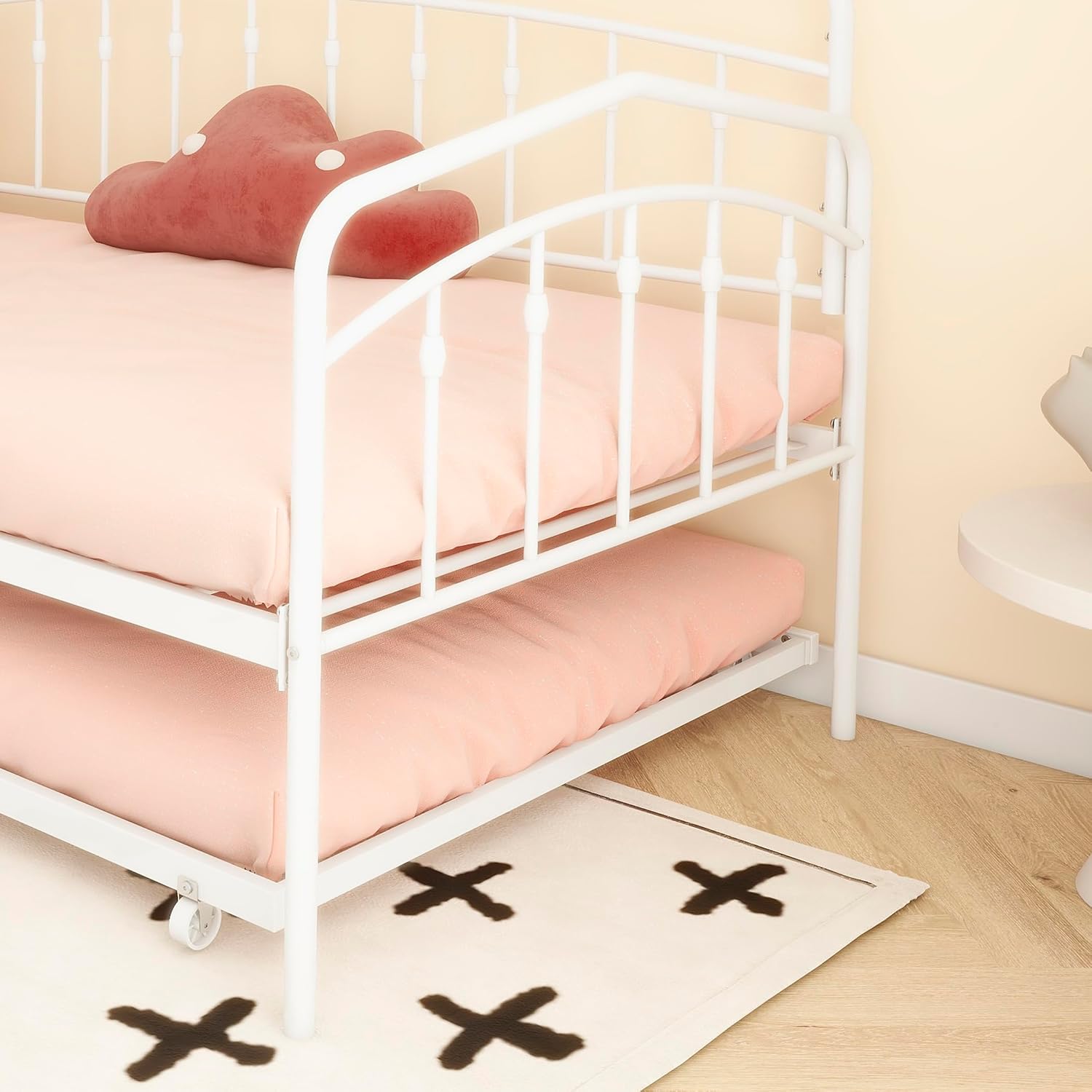 Twin Daybed with Trundle,Metal Sofa Bed Set,Rollaway Daybed Couch Bed Frame for Bedroom Living Room Guest Room White