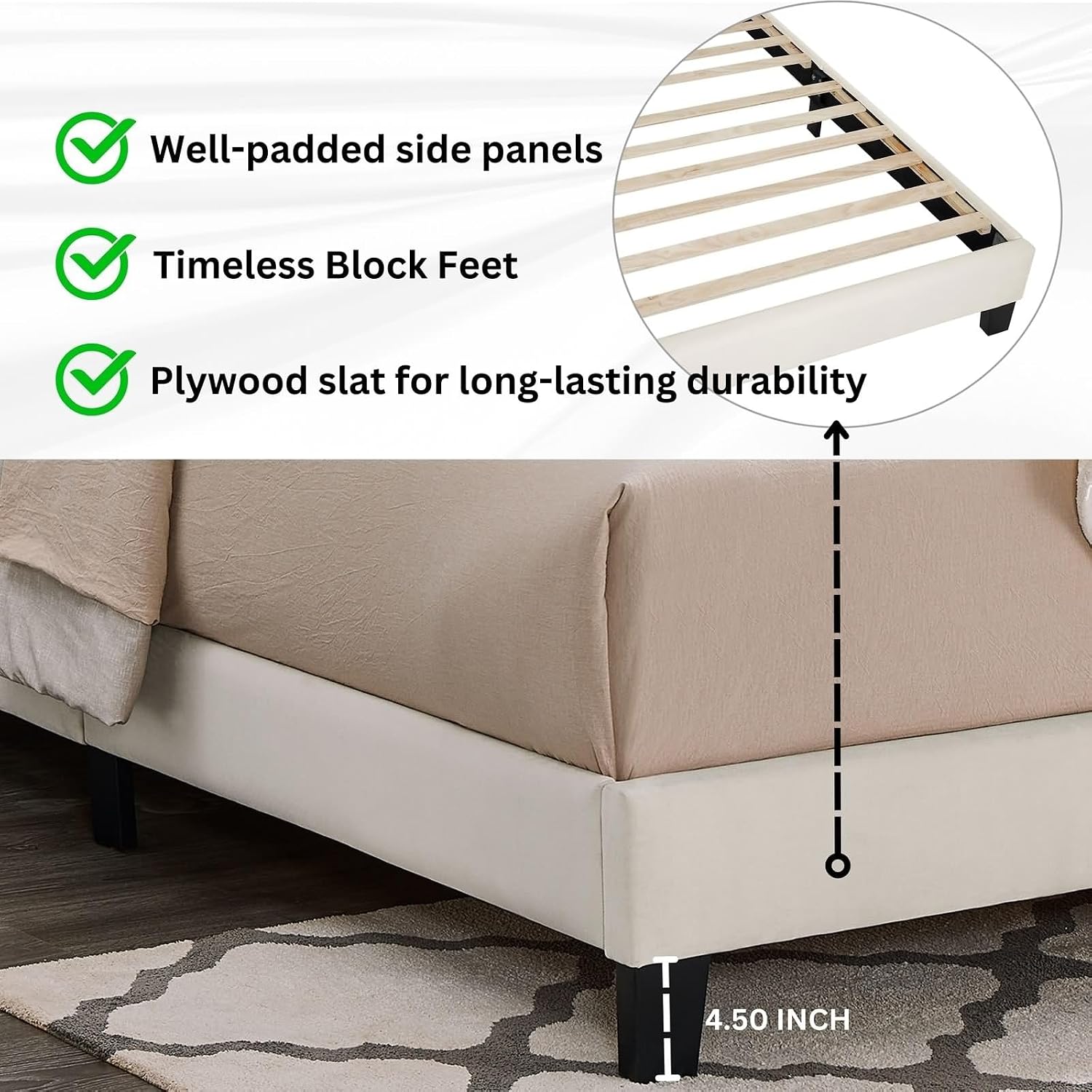 Bed Queen Size Set Furniture, Vintage Boho Bed Frame White Fabric MDF Upholstered 85' L x 65' W x45.5 H