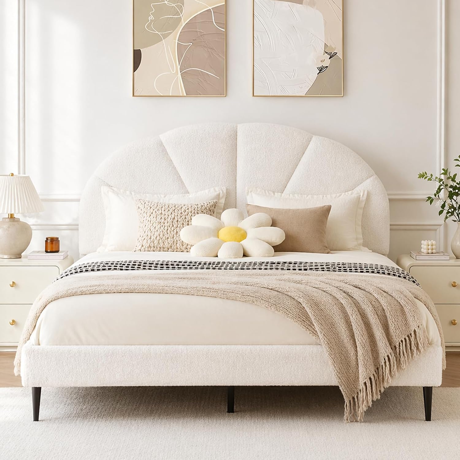 VELOCAVA Full Size Boucle Bed Frame with Seashell Headboard, Upholstered Cloud Platform Bed, Rounded Corners, Wooden Slats Support, No Box Spring Needed, Easy Assembly, Cream White