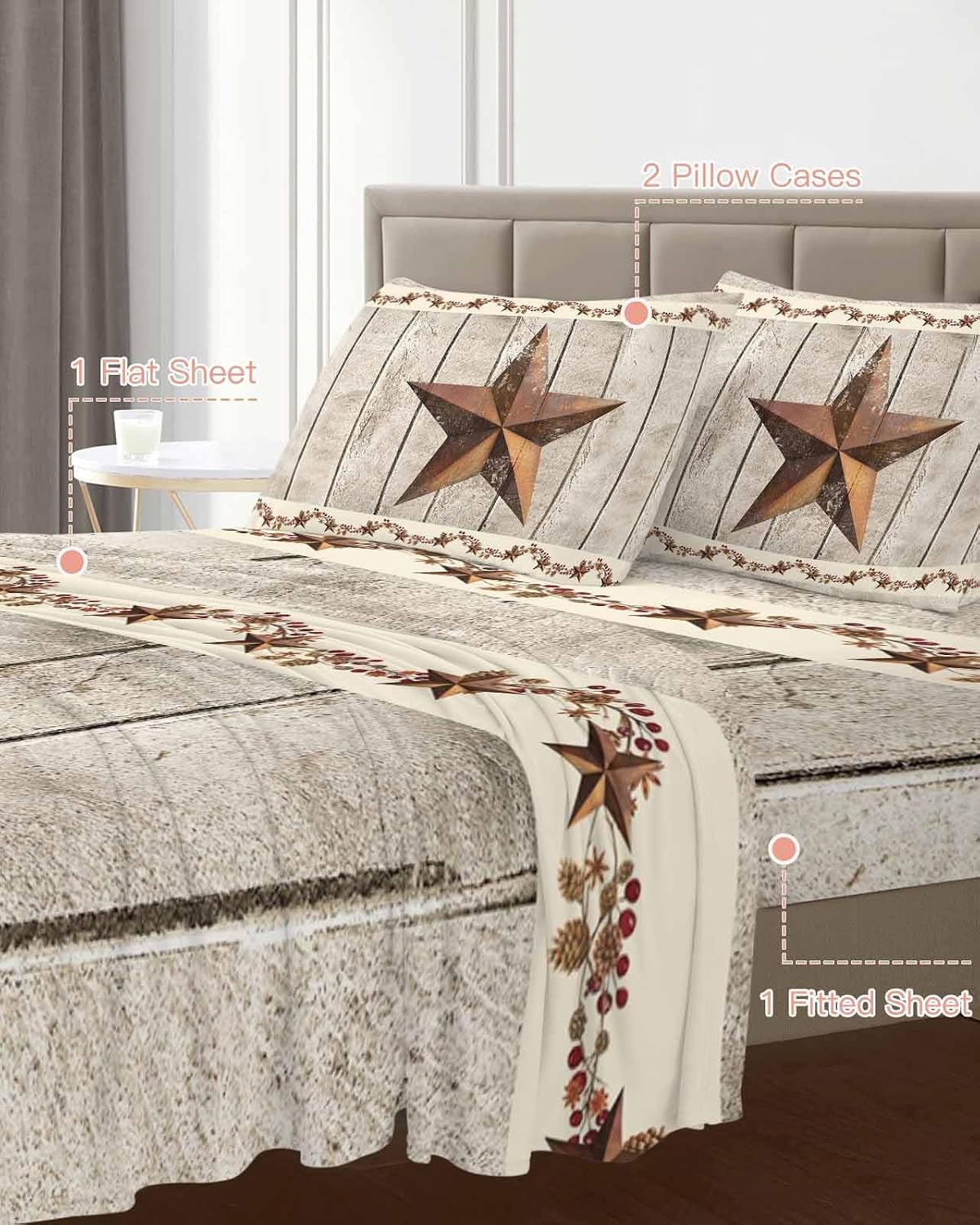 Western Texas Star Retro Cal King Sheet Set 4 Piece Bedding - Country Farmhouse Gray Wood Grain Breathable Comfy Cooling Bed Sheets & Pillowcase Sets, Hotel Flat Sheets Deep Pockets Fitted Sheet