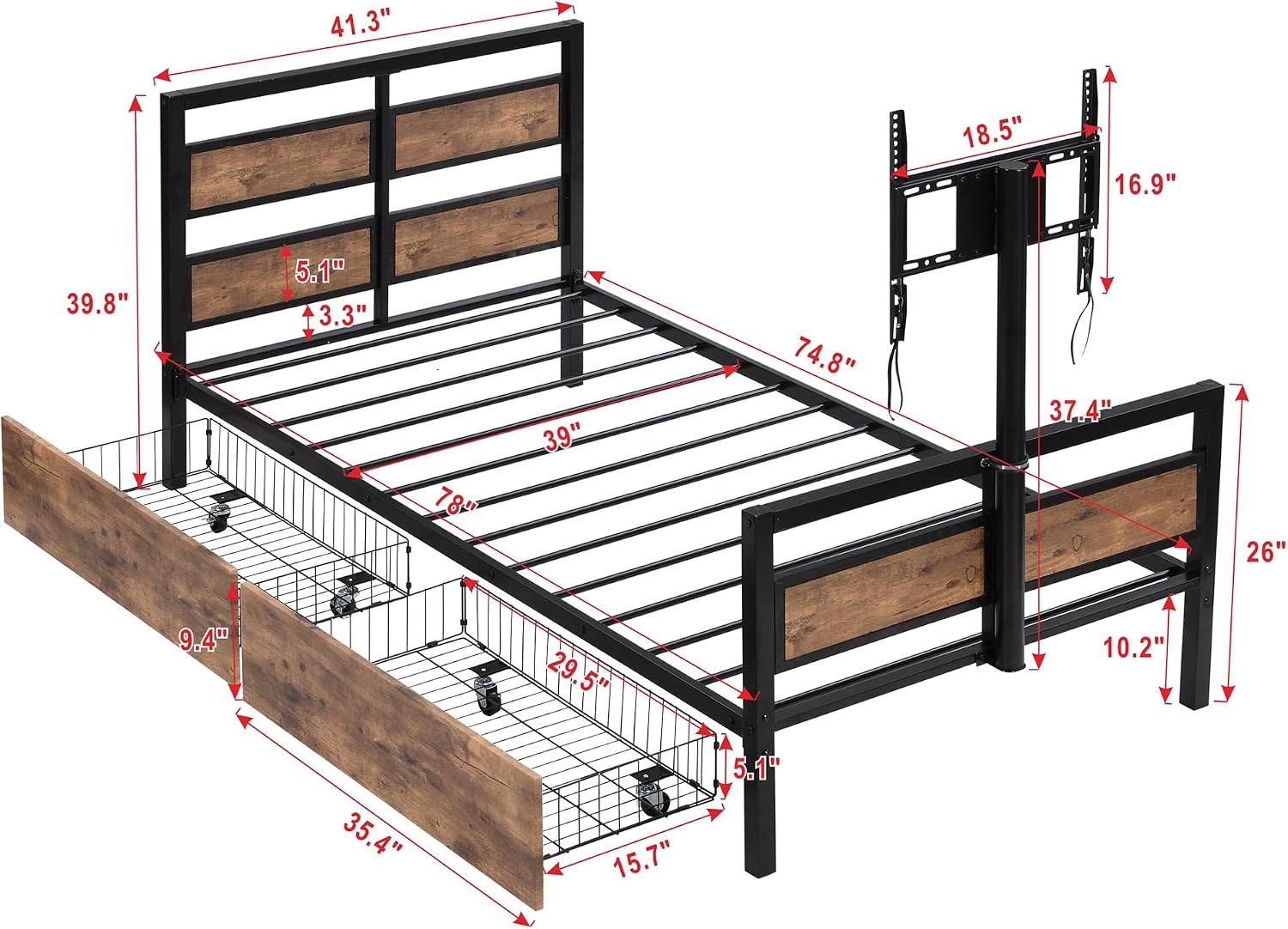 Twin Size Platform Bed with Two Storage Drawers and Rotatable TV Stand, Metal Bed Frame with MDF Headboard and Footboard, 14 Heavy-Duty Metal Sats, No Box Spring Needed (Black,Rotatable TV Stand)