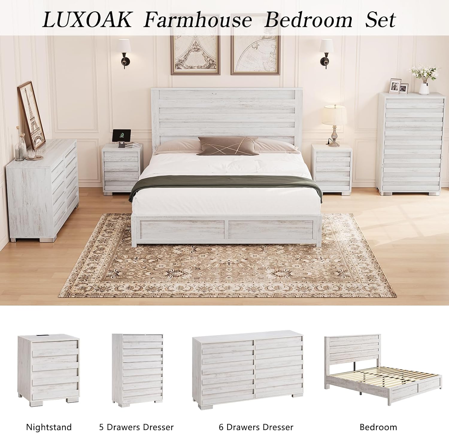 LUXOAK Farmhouse Full Bed Frame with 49' Tall Headboard, Wooden Platform Bed with Hidden Metal Bed Frame, No Box Spring Needed/Noise Free, Distressed White