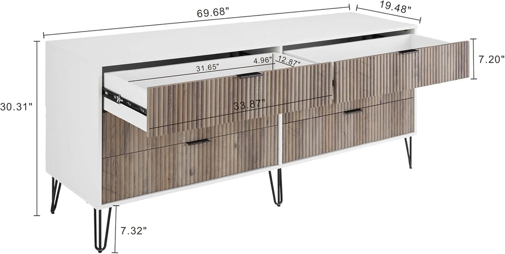 Manhattan Comfort Dumbo 3-Piece Modern Dresser Drawer and Nightstand Set, Tall and Double Low - Vertical Ribbed Design - No Tool Assembly Storage for Bedroom & Living Room, White/Grey