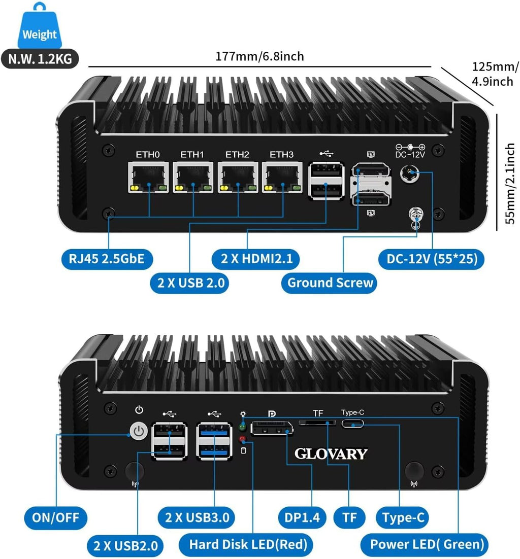 Mini Firewall PC N100 4 Core, 4 x i226V 2.5GbE LAN OPNsense Hardware, DDR5 8GB RAM 128GB SSD, Fanless Micro Computer Appliance, AES-NI, 3 Display, 2 x NVMe, 2 x SATA 3.0