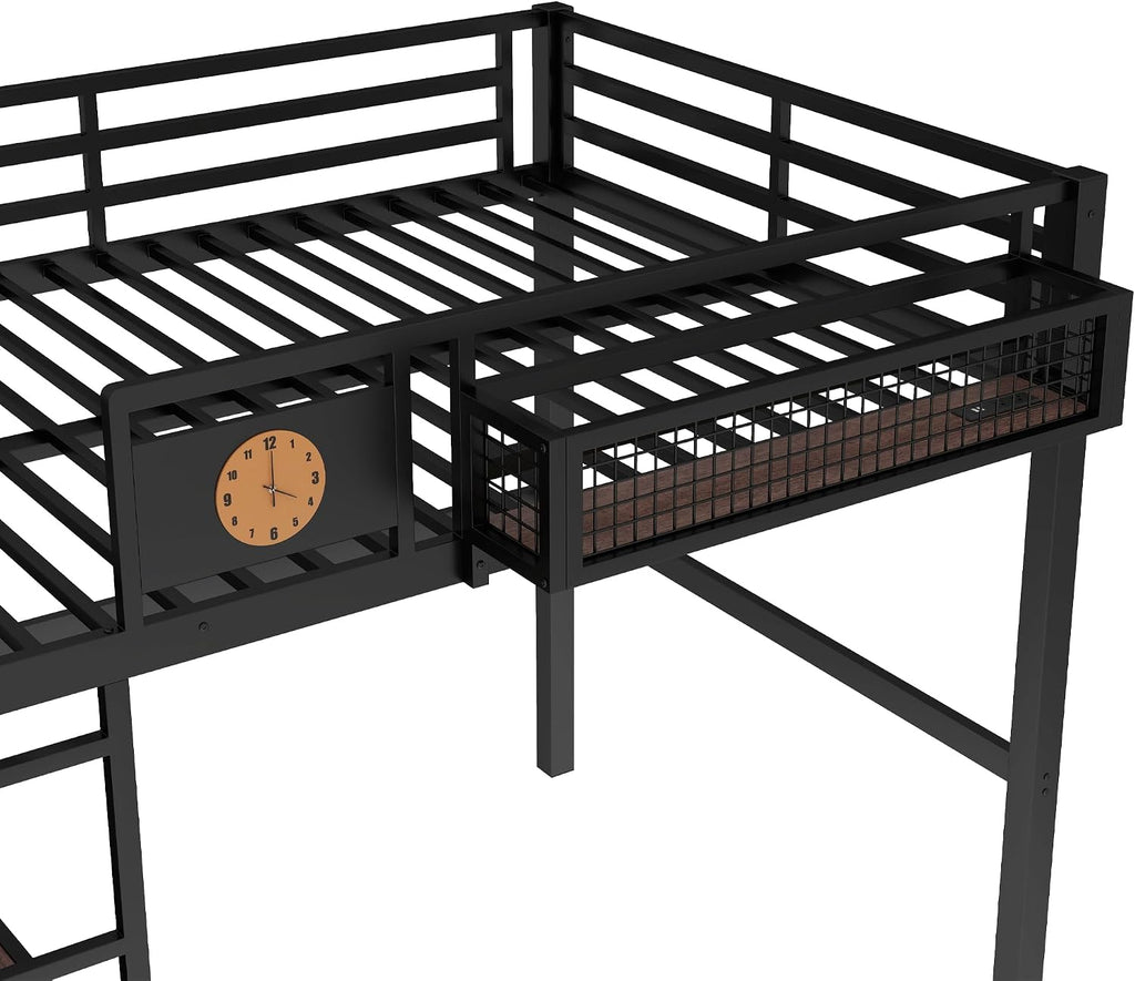 JIVOIT Full Size Metal Loft Bed Frame with Desk, Bedside Storage Basket, Side Clock Design, Pegboard, 68' H Metal Loft Bed with Slats Support, No Spring Box Needed