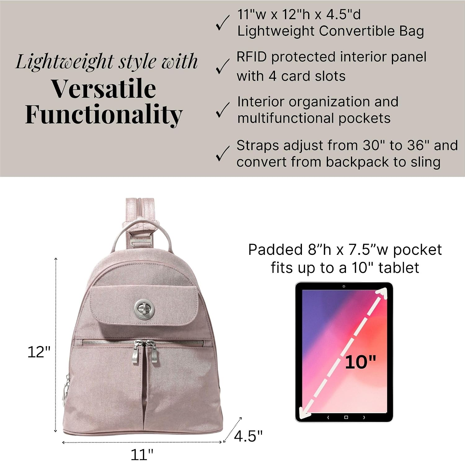 Baggallini Naples Convertible Backpack - Travel Sling Crossbody - 12' Nylon Handbag w/ RFID & Padded Tablet Sleeve