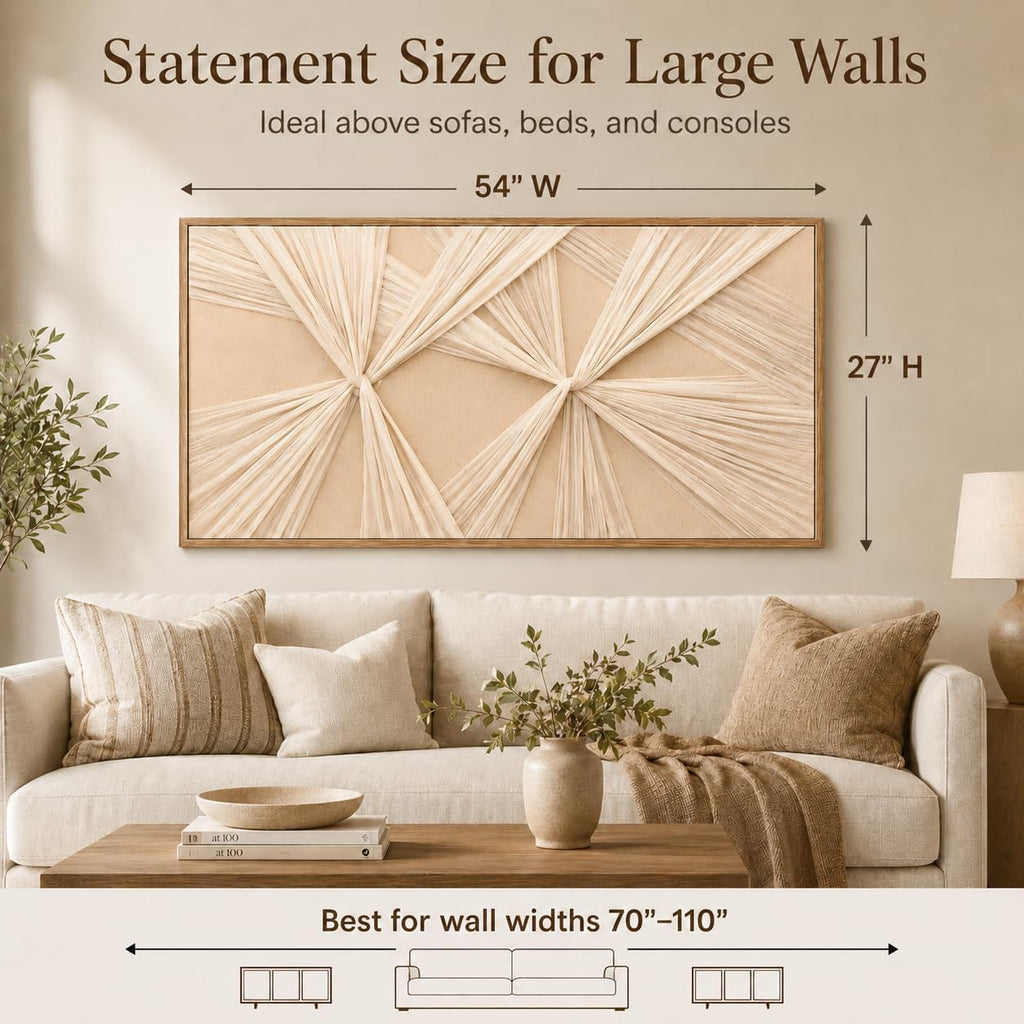 Artists' Handicraft, Extra Large Luxury 3D Fabric Neutral Textured Wall Art, Minimalist Abstract Boho Modern Long Beige Painting Wall Decor for Living Room Bedroom Hallway Office, Horizontal, 54x27 Inces