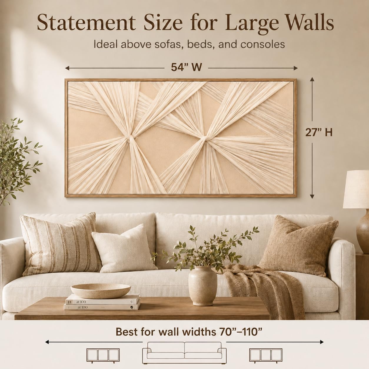 Artists' Handicraft, Extra Large Luxury 3D Fabric Neutral Textured Wall Art, Minimalist Abstract Boho Modern Long Beige Painting Wall Decor for Living Room Bedroom Hallway Office, Horizontal, 54x27 Inces