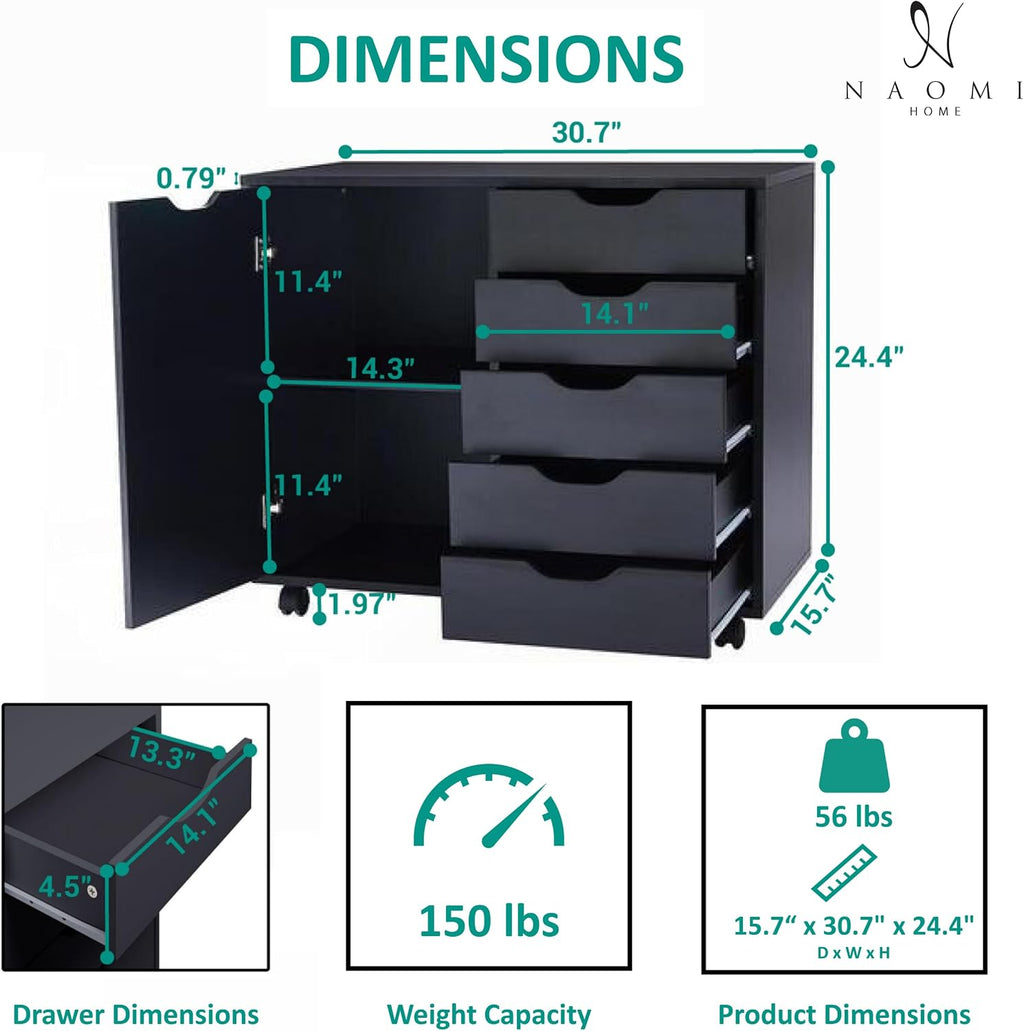 Naomi Home Rolling Storage Cabinet with 5 Drawers & Side Cabinet, Engineered Wood Organizer with Shelves, Handle-Free Design & Swivel Casters for Home Office, Kids Room & Entryway - Black