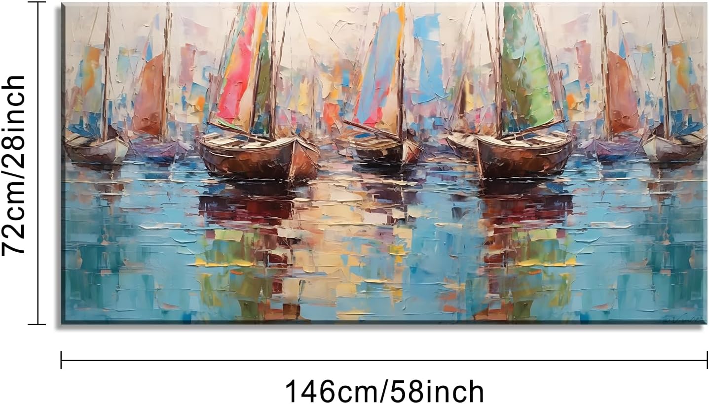 Colorful Boats on Water Oil Painting Style Wall Art Decor Artwork for Bedroom (30x60 Inches)