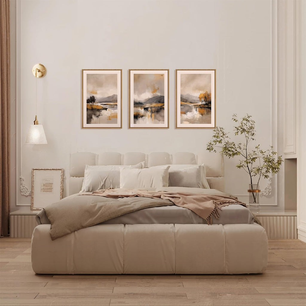 FWIEXA Abstract Landscape Neutral Canvas Wall Art Set, Beige Grey Mountain Framed Wall Decor, 3 Panel 24x36 Inches Watercoler Lake Artwork, Brush Stroke Forest Prints for Living Room, Office, Bedroom