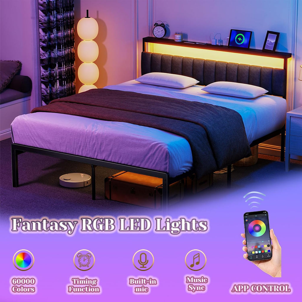 Queen Bed Frame no Box Spring Needed, Bed Queen Size with Headboard & Led Lights & Charging Station, Queen Metal Bed Frame, Queen Bed Frames Noise-Free/Assembly Easily, Black Bed Frame Queen