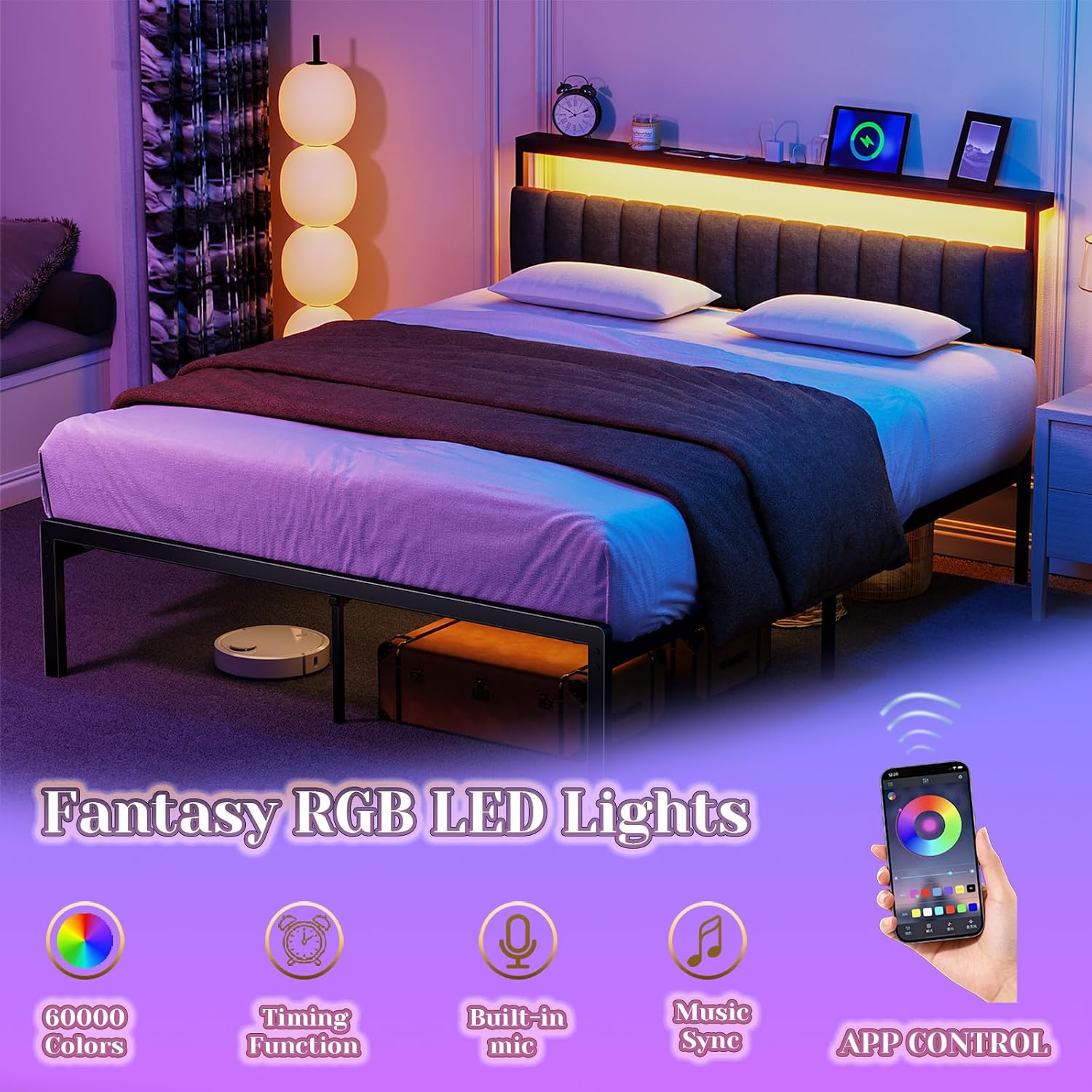 Queen Bed Frame no Box Spring Needed, Bed Queen Size with Headboard & Led Lights & Charging Station, Queen Metal Bed Frame, Queen Bed Frames Noise-Free/Assembly Easily, Black Bed Frame Queen