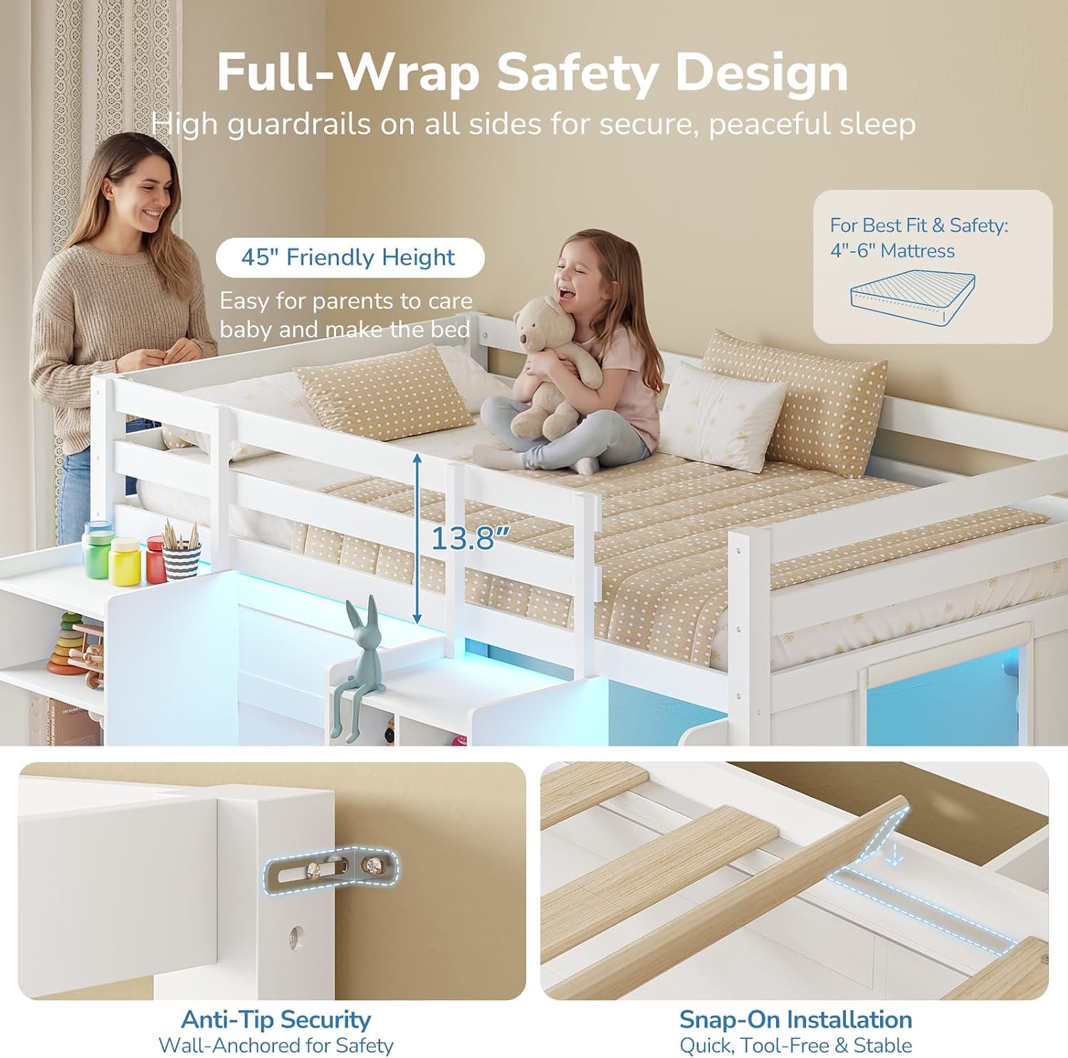 Low Loft Bed Twin Size with LED Lights, Wooden Kids Twin Loft Bed with Storage Bookcase, Toy Box, Reading Nook and Secret Play Space, Modern loft Bed with Stairs and Safety Guardrails for Boys Girls