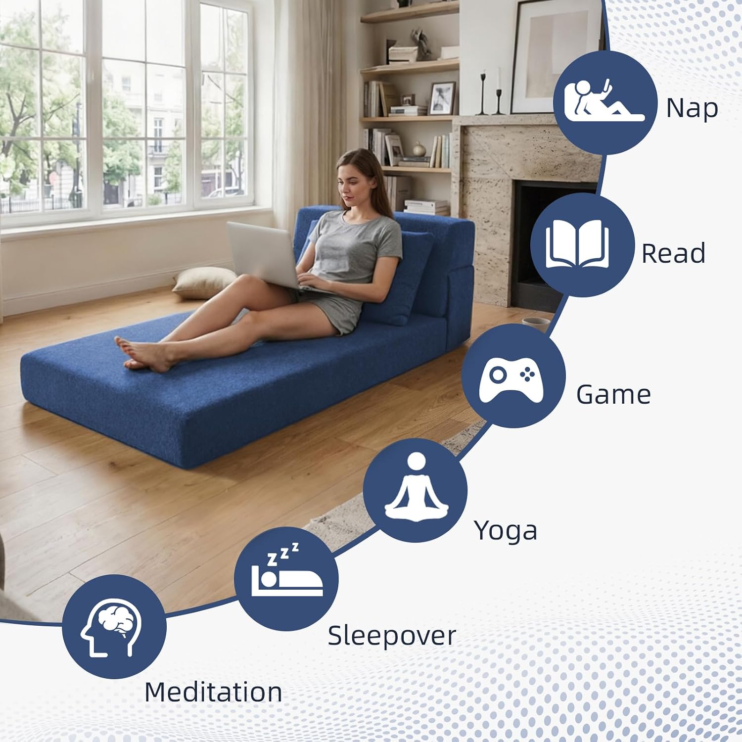 Folding Sofa Bed, Convertible Sleeper Chair with Pillow, Loveseat Fold Out Chair Bed, Memory Foam Floor Couch Mattress, Foldable Futon Couch Lounge for Living Room Guest (Blue, Twin XL)