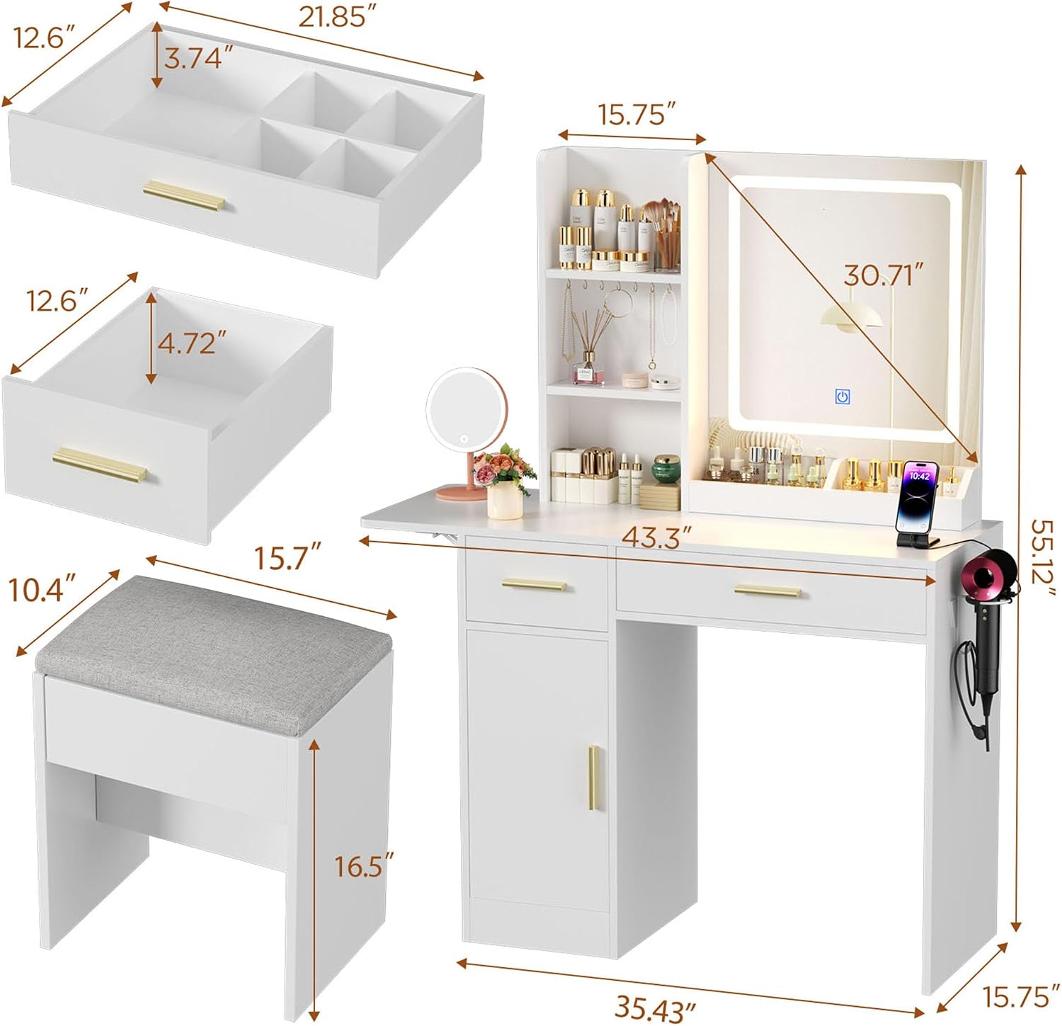 ERLEJIA Vanity Desk with Mirror and Lights & Extral Foldable Desk, 31.5' & 39.3' Makeup Vanity Table with 4 Drawers and 3 Open Shelves, Dressing Table for Bedroom, White