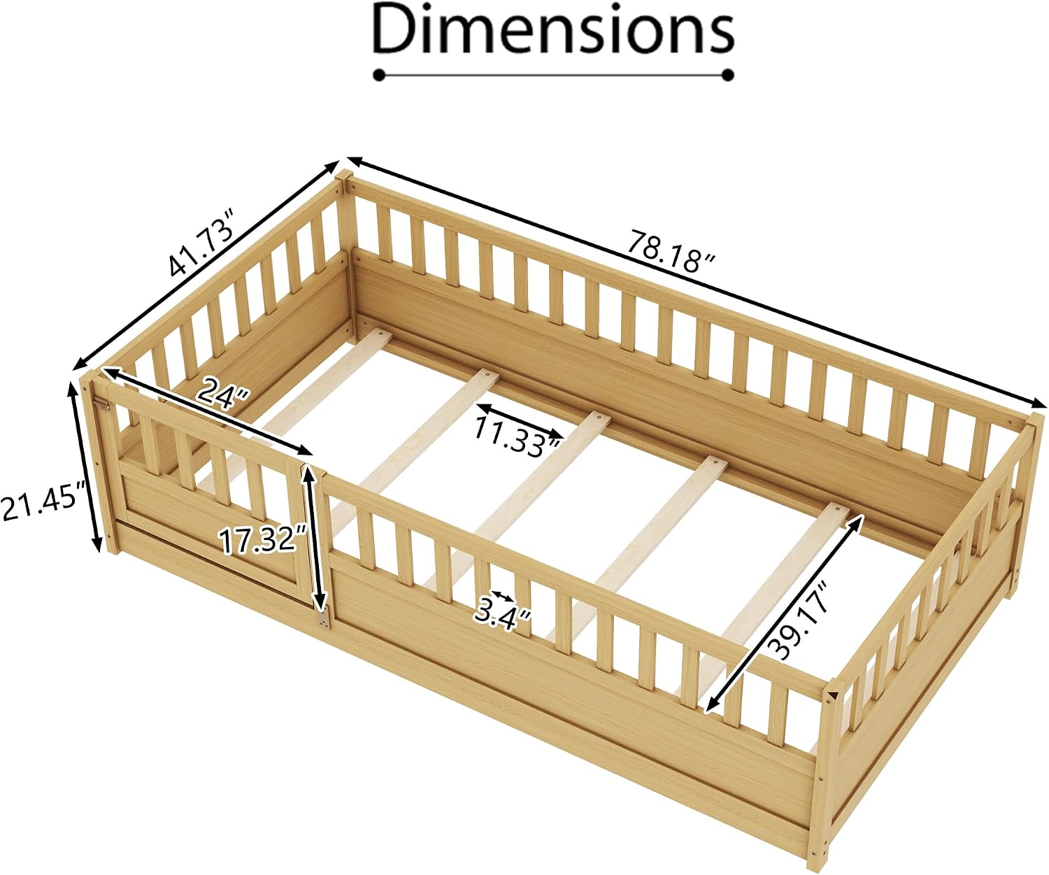 Bellemave Twin Size Floor Bed with Fence and Door, Montessori Floor Bed with Slats, Twin Size Montessori Beds for Kids, Girls, Boys, Natural