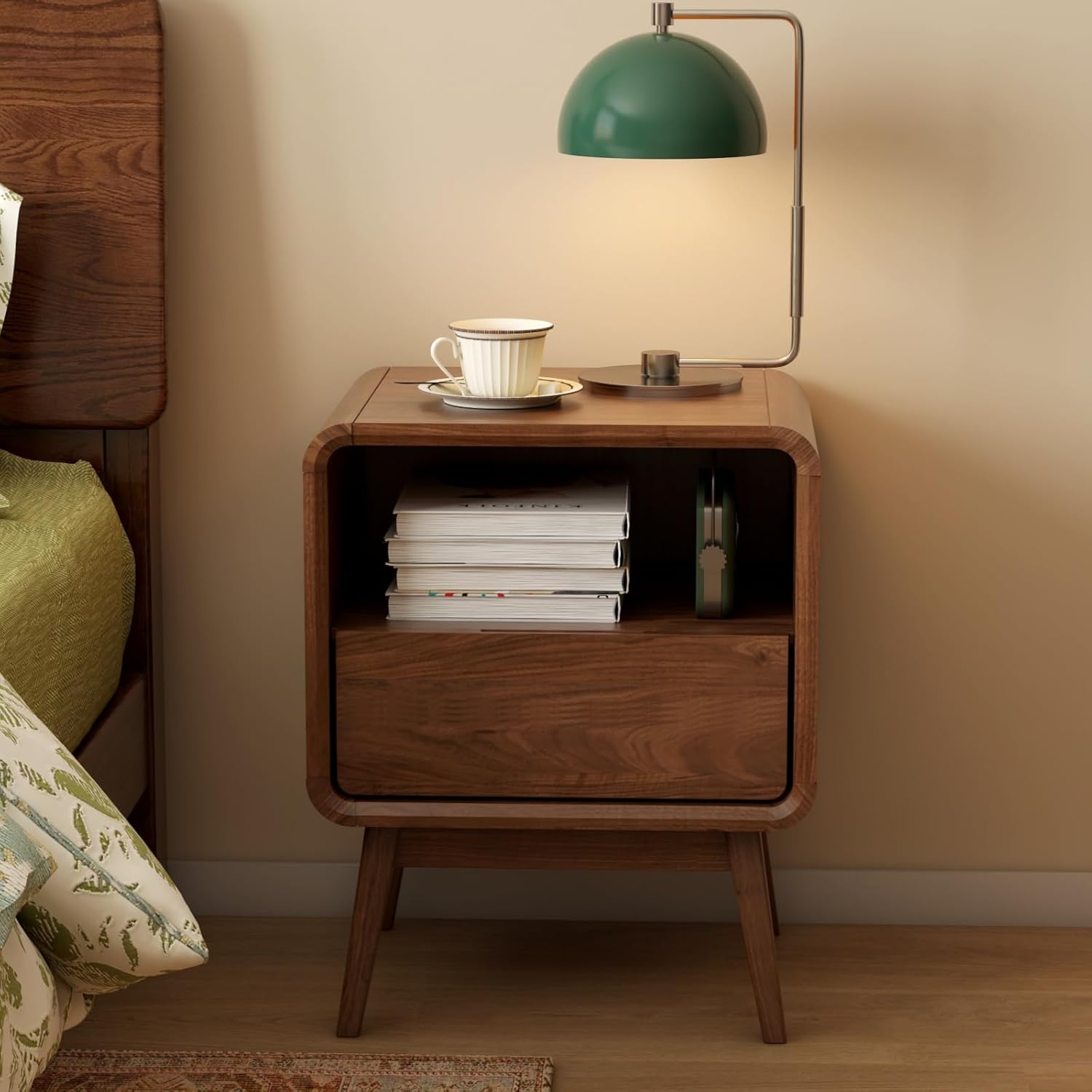 100% Solid Wood Nightstand, Walnut Night Stand with Drawer and Open Shelf, Mid Century Nightstand, Wooden Nightstands, Small Nightstands for Small Spaces Bedroom(Dark Black Walnut, 20.47' H)