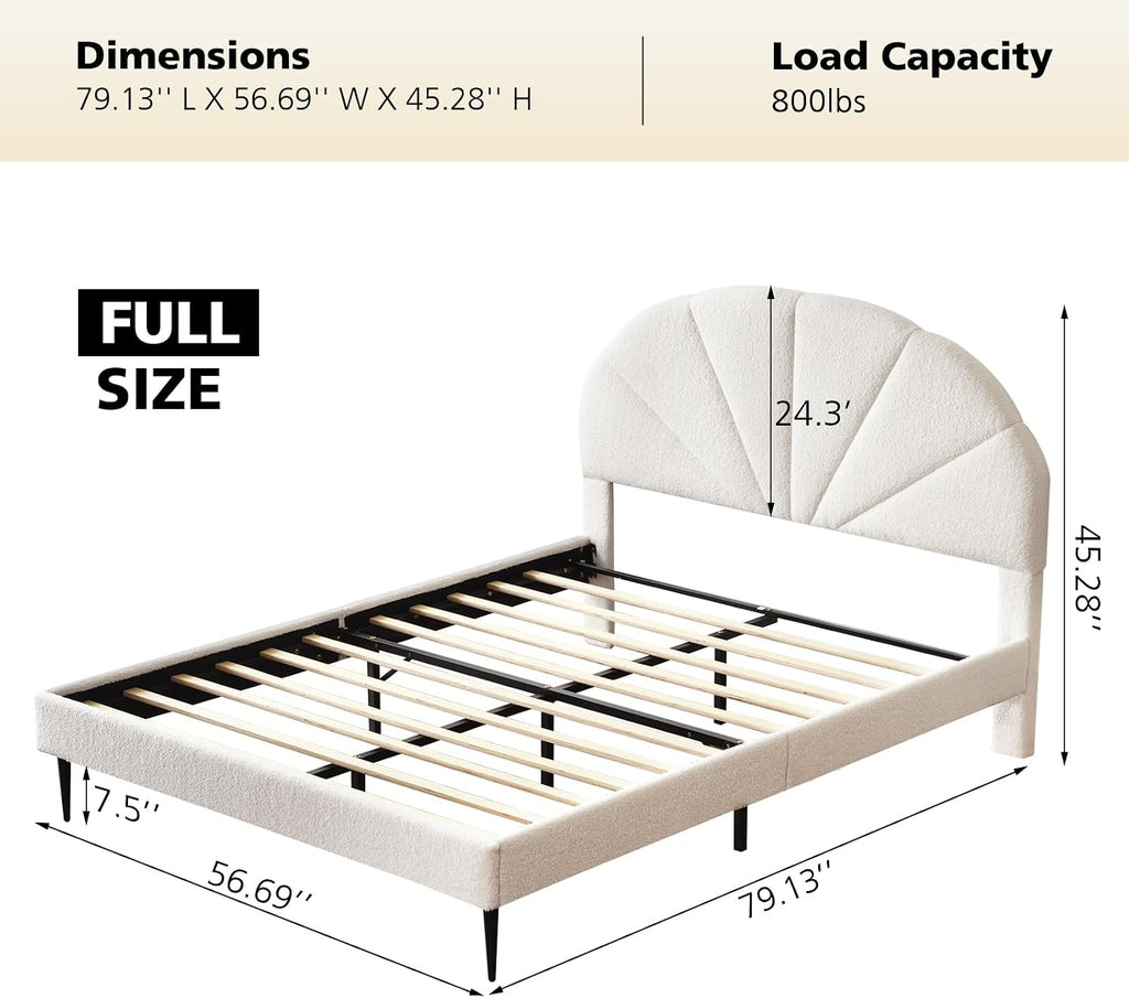 VELOCAVA Full Size Boucle Bed Frame with Seashell Headboard, Upholstered Cloud Platform Bed, Rounded Corners, Wooden Slats Support, No Box Spring Needed, Easy Assembly, Cream White