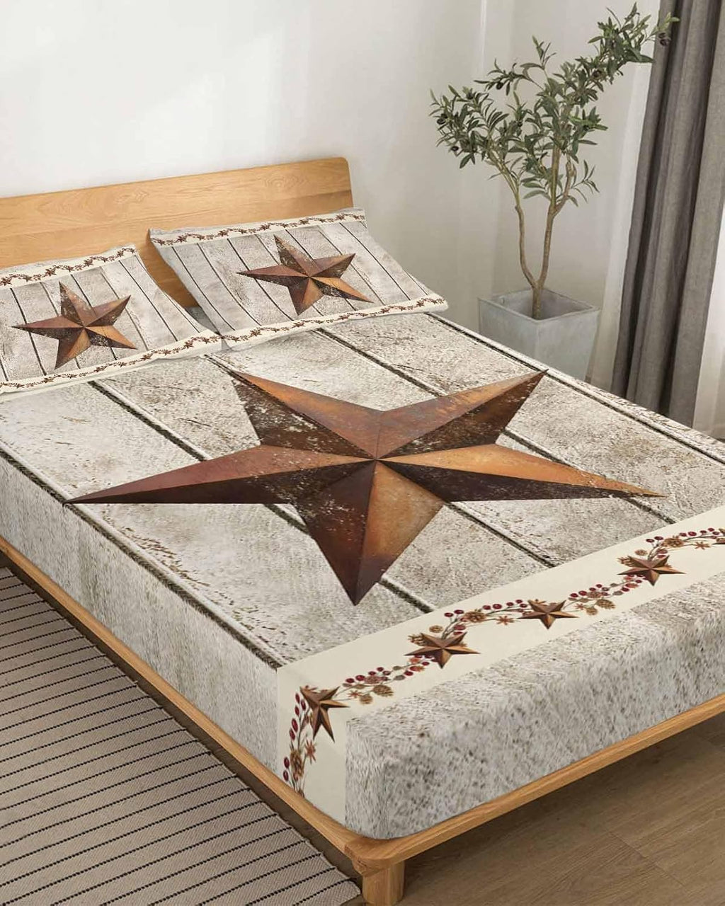 Western Texas Star Retro Cal King Sheet Set 4 Piece Bedding - Country Farmhouse Gray Wood Grain Breathable Comfy Cooling Bed Sheets & Pillowcase Sets, Hotel Flat Sheets Deep Pockets Fitted Sheet