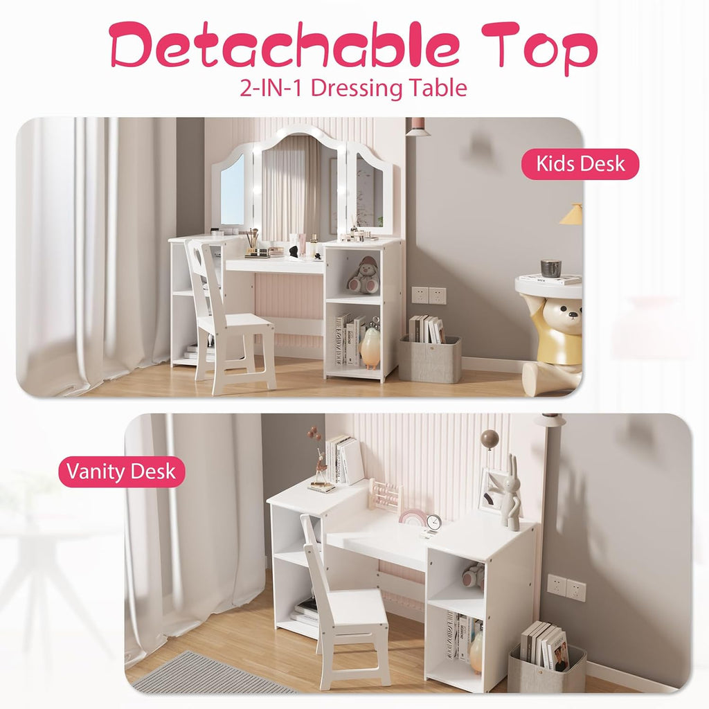 Kids Vanity Table and Chair Set, 2 in 1 Princess Vanity with Touch Light Tri-Folding Mirror, Detachable Makeup Wood Desk with Storage Shelves, Convertible Kids Desk for Girls，White