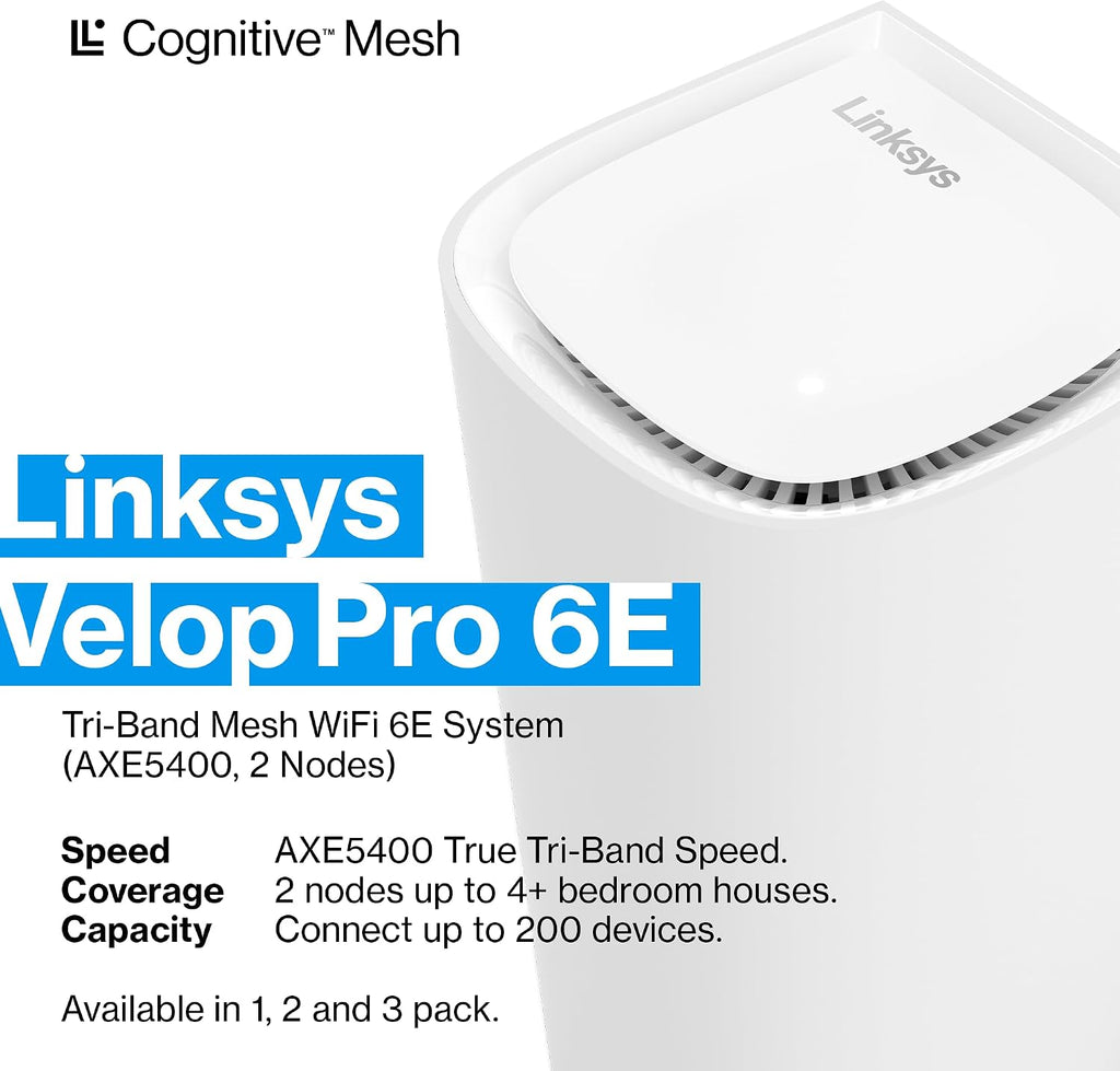 Linksys Velop Pro 6E WiFi Mesh System | Two Cognitive Mesh Tri-Band routers with 5.4 Gbps (AXE5400) Speed | Whole Home Coverage up to 6,000 sq ft | Connect 200+ Devices | 2Pk MXEC622 | 2023 Release