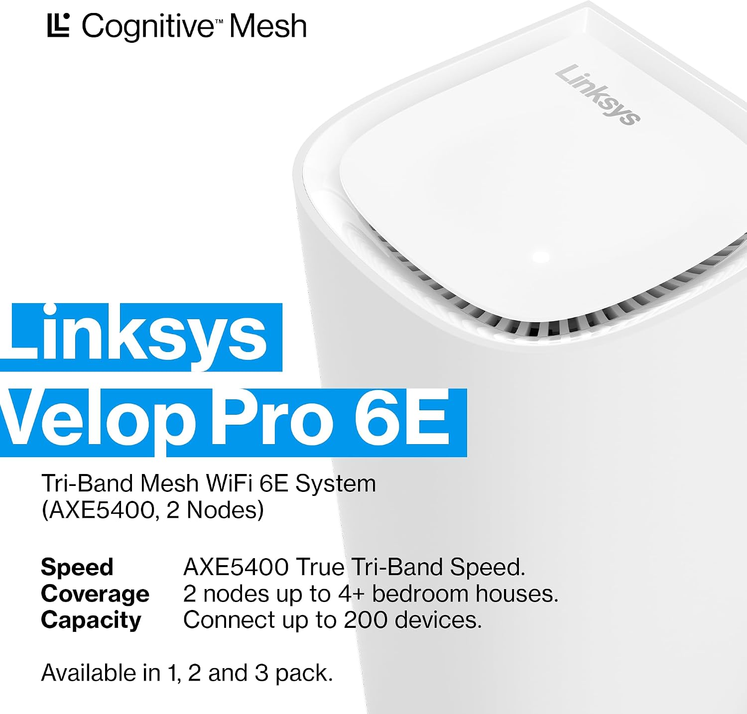 Linksys Velop Pro 6E WiFi Mesh System | Two Cognitive Mesh Tri-Band routers with 5.4 Gbps (AXE5400) Speed | Whole Home Coverage up to 6,000 sq ft | Connect 200+ Devices | 2Pk MXEC622 | 2023 Release