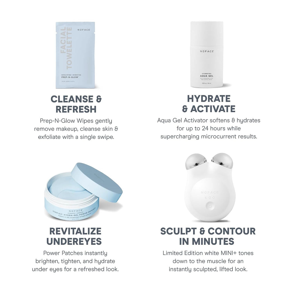 NuFACE MINI+ Microcurrent Facial Device Ultimate Uplift Kit - Brilliant White Face Sculpting & Contouring Device with Aqua Gel, Power Patches, Prep-N-Glow Skin Care Wipes & Luxe Gift Box