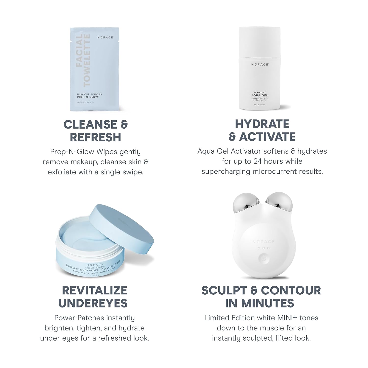 NuFACE MINI+ Microcurrent Facial Device Ultimate Uplift Kit - Brilliant White Face Sculpting & Contouring Device with Aqua Gel, Power Patches, Prep-N-Glow Skin Care Wipes & Luxe Gift Box
