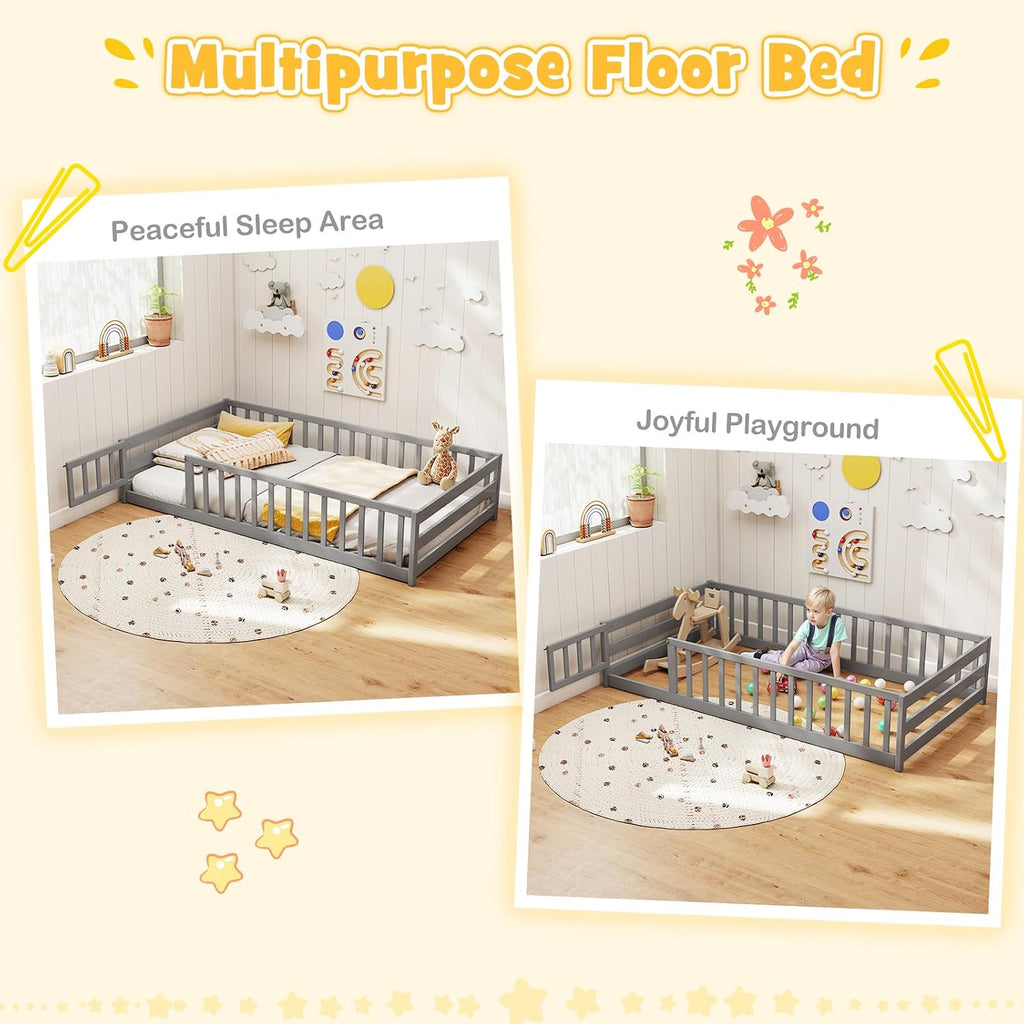 BECOMFORT Twin Floor Bed for Kids, Kids Twin Floor Bed Frame with Door, Latch & Safety Guardrails, Montessori Bed for Boys Girls