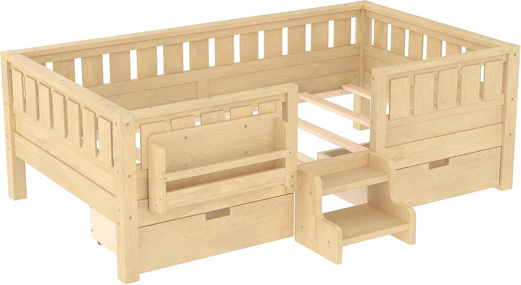 Bellemave Twin Size Kids Montessori Bed with Stairs and Bookshelf,Solid Wood Twin Size Kids Bed Frame with Drawers and Storage for Girls Boys,Low-Profile,Light Natural